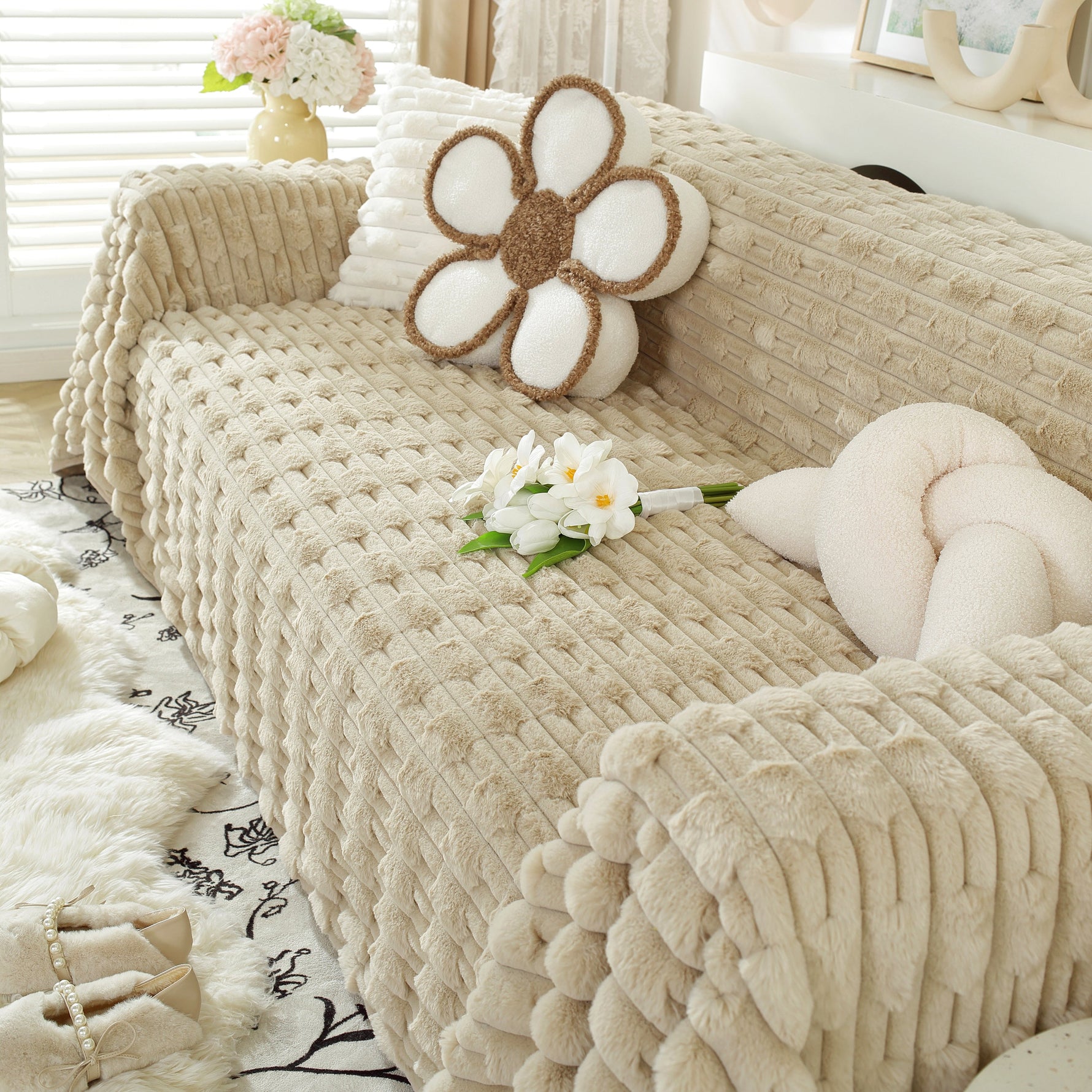 Fluffy Faux Fur Couch Cover Plush Sofa Throw, Warm & Stylish Sofa Protector