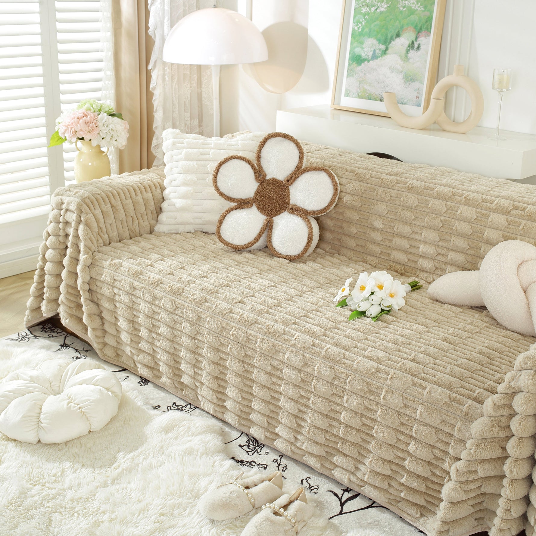 Fluffy Faux Fur Couch Cover Plush Sofa Throw, Warm & Stylish Sofa Protector