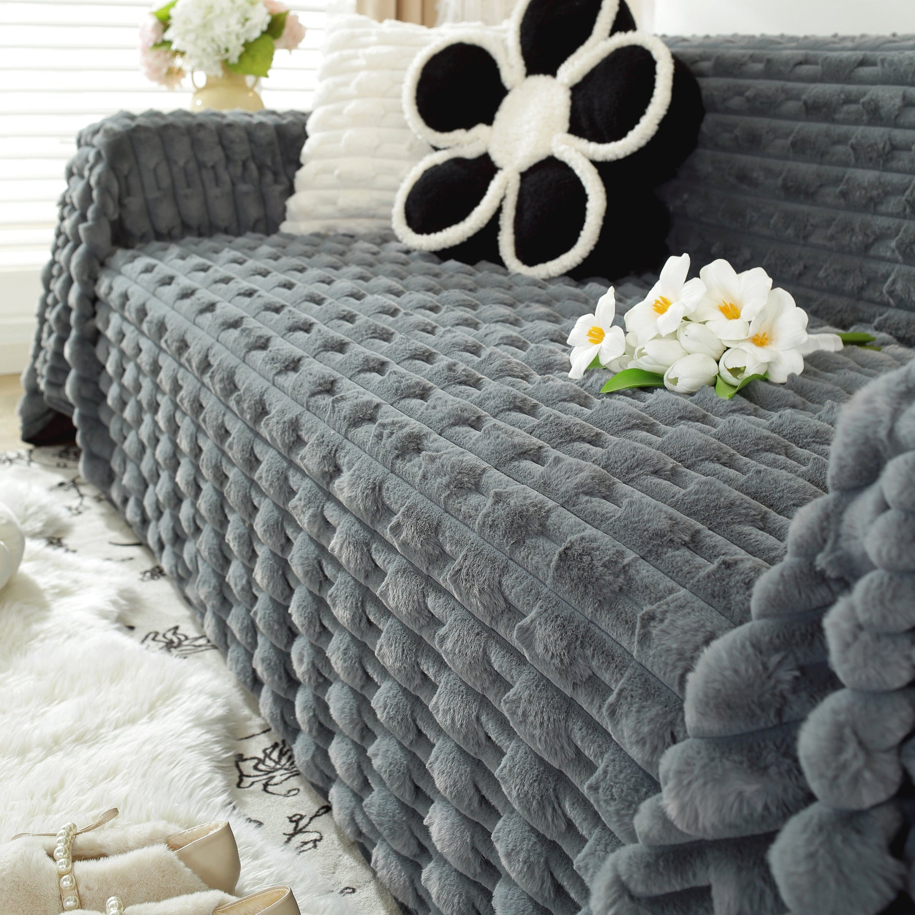 Fluffy Faux Fur Couch Cover Plush Sofa Throw, Warm & Stylish Sofa Protector