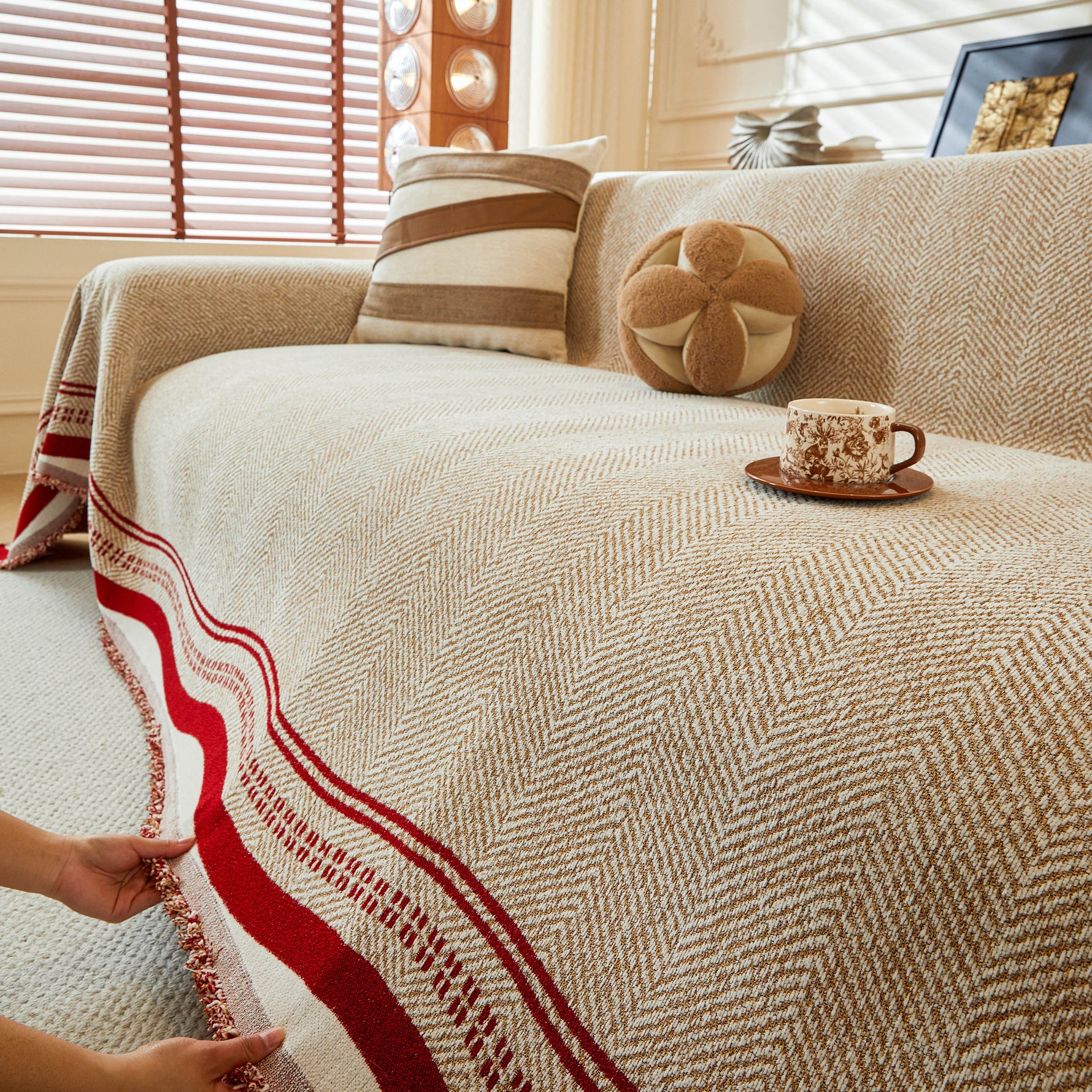 Reversible Herringbone Sofa Cover, 2-in-1 Classic British Throw Blanket for Couch