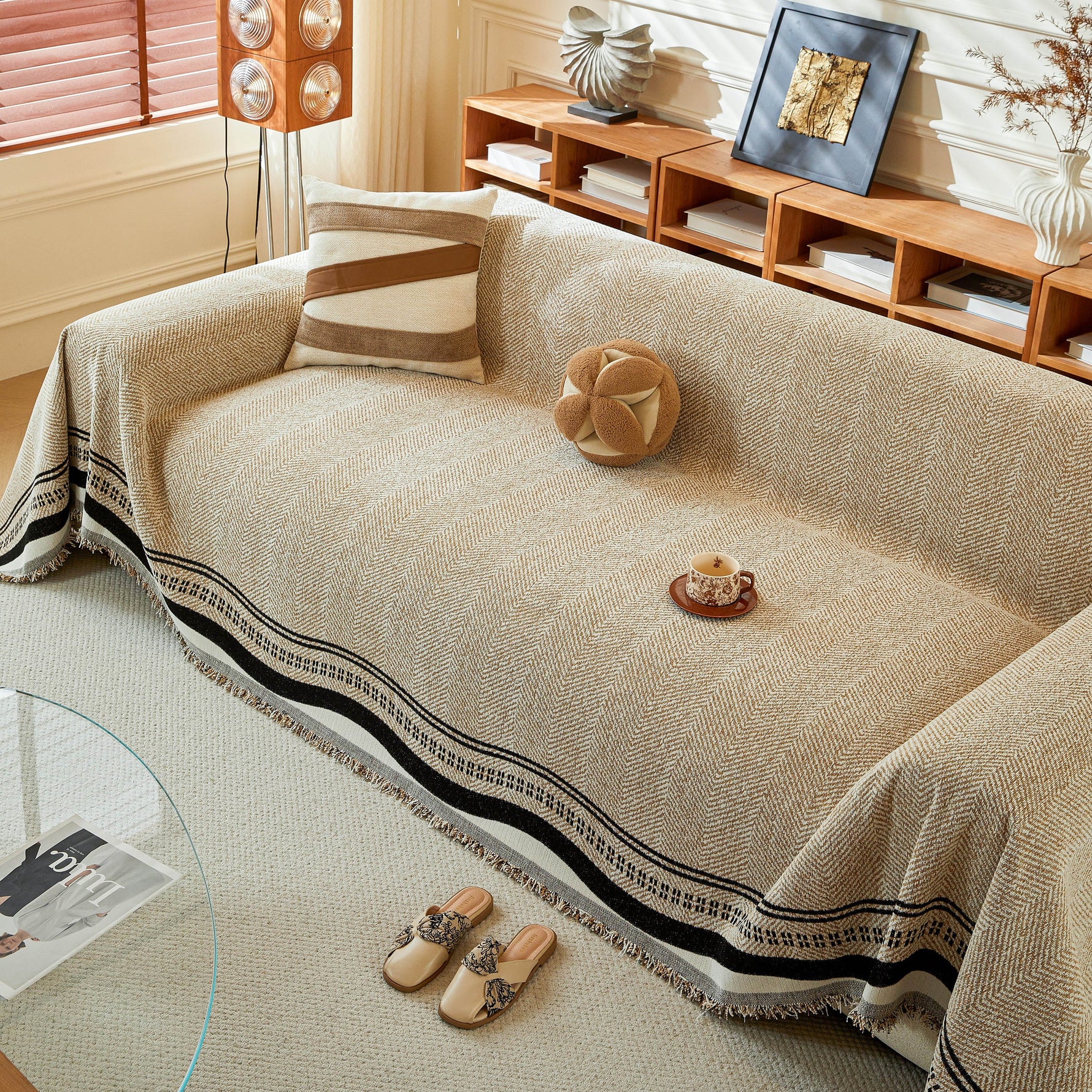 Reversible Herringbone Sofa Cover, 2-in-1 Classic British Throw Blanket for Couch