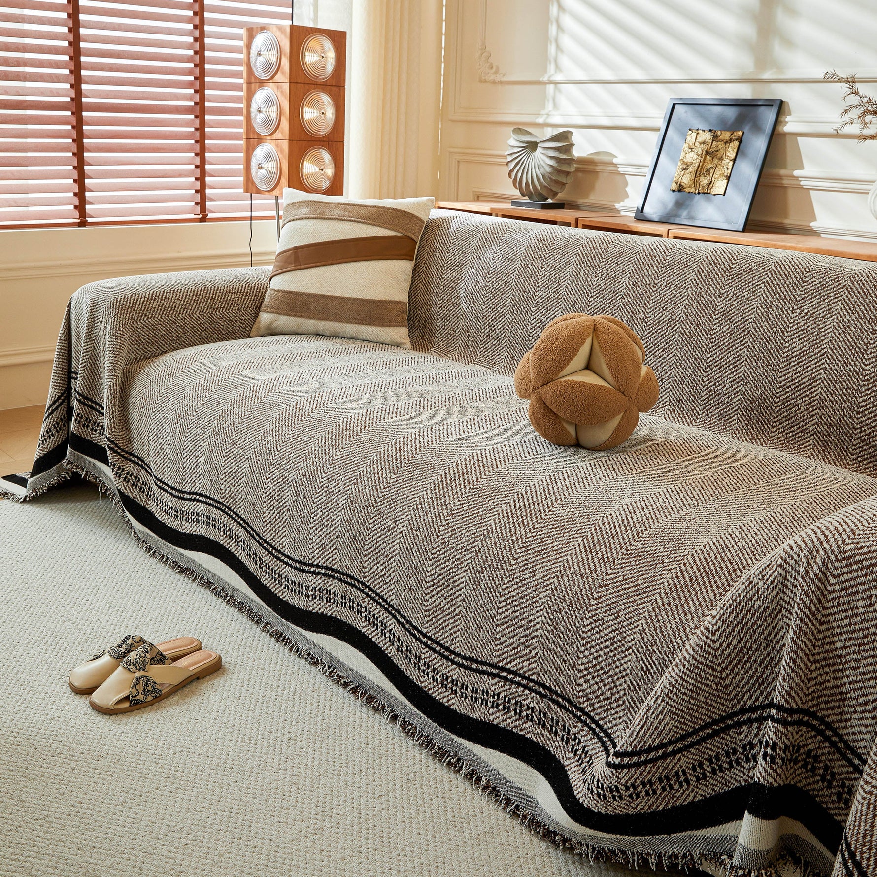 Reversible Herringbone Sofa Cover, 2-in-1 Classic British Throw Blanket for Couch