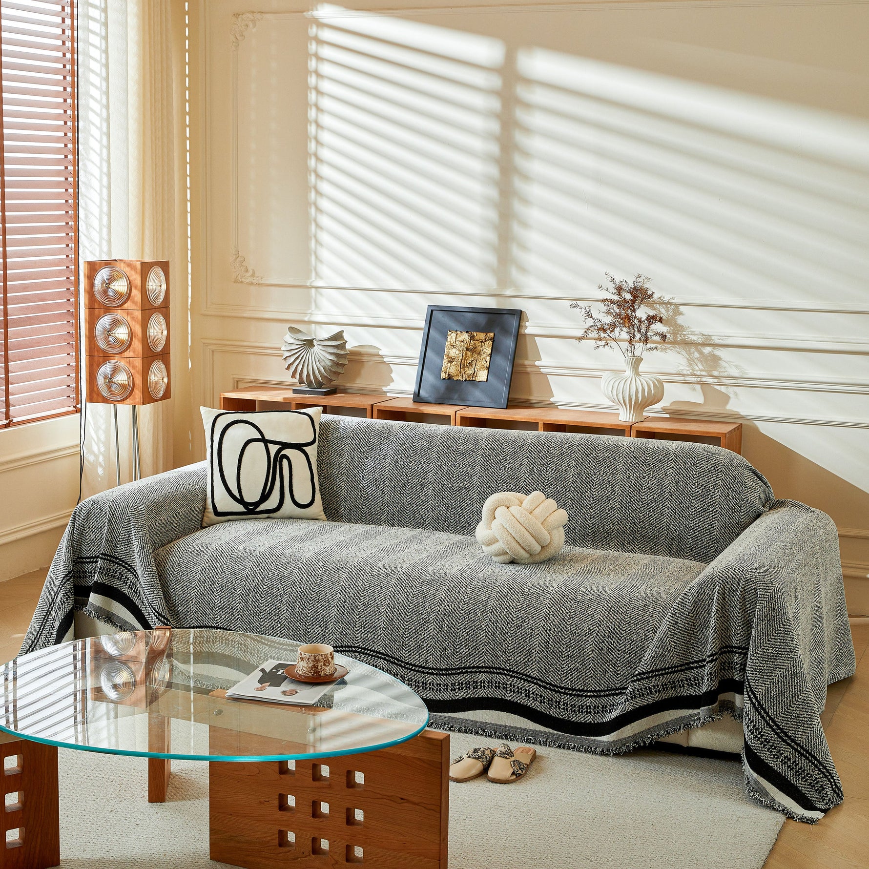 Reversible Herringbone Sofa Cover, 2-in-1 Classic British Throw Blanket for Couch