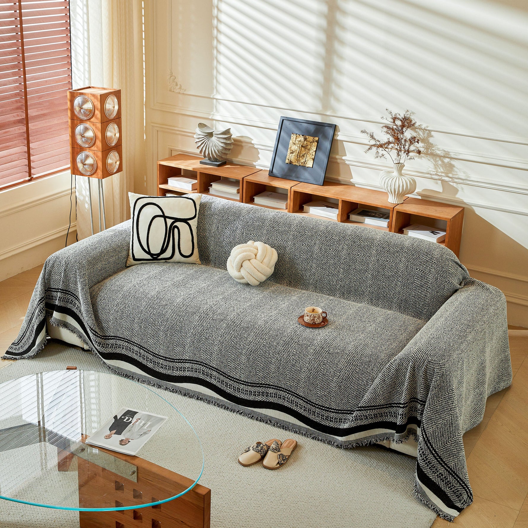 Reversible Herringbone Sofa Cover, 2-in-1 Classic British Throw Blanket for Couch