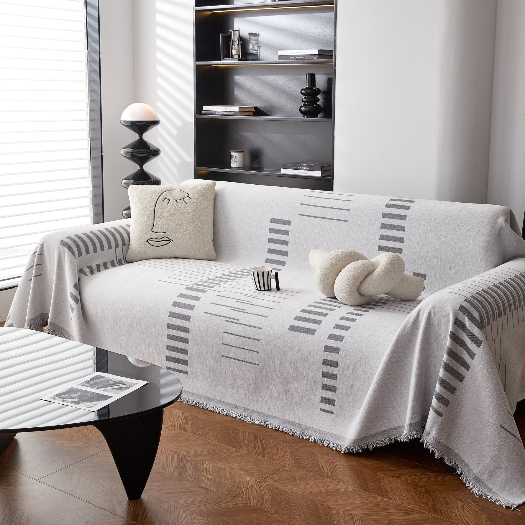 Reversible Chenille Couch Cover Blanket with Tassel Large Boho Futon Cover L Shaped Sectional Cover