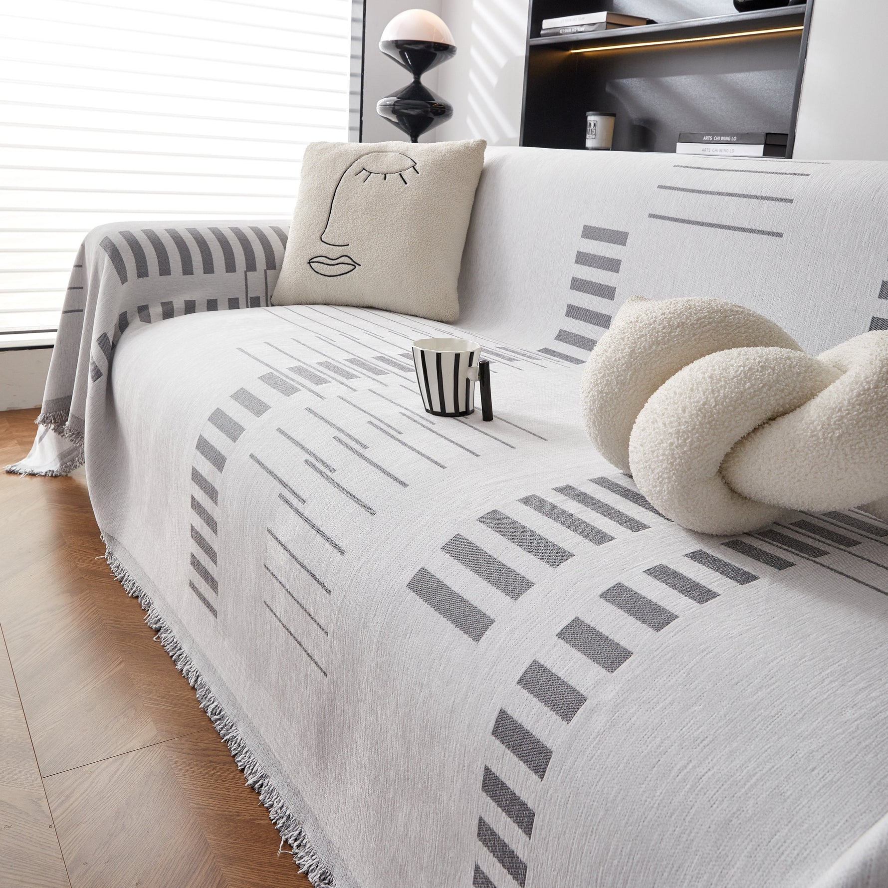 Reversible Chenille Couch Cover Blanket with Tassel Large Boho Futon Cover L Shaped Sectional Cover