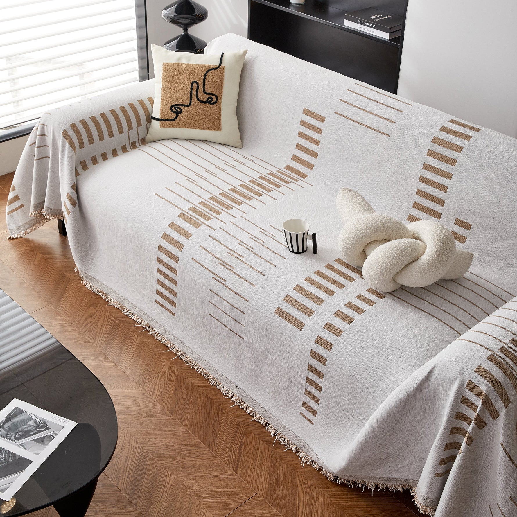 Reversible Chenille Couch Cover Blanket with Tassel Large Boho Futon Cover L Shaped Sectional Cover