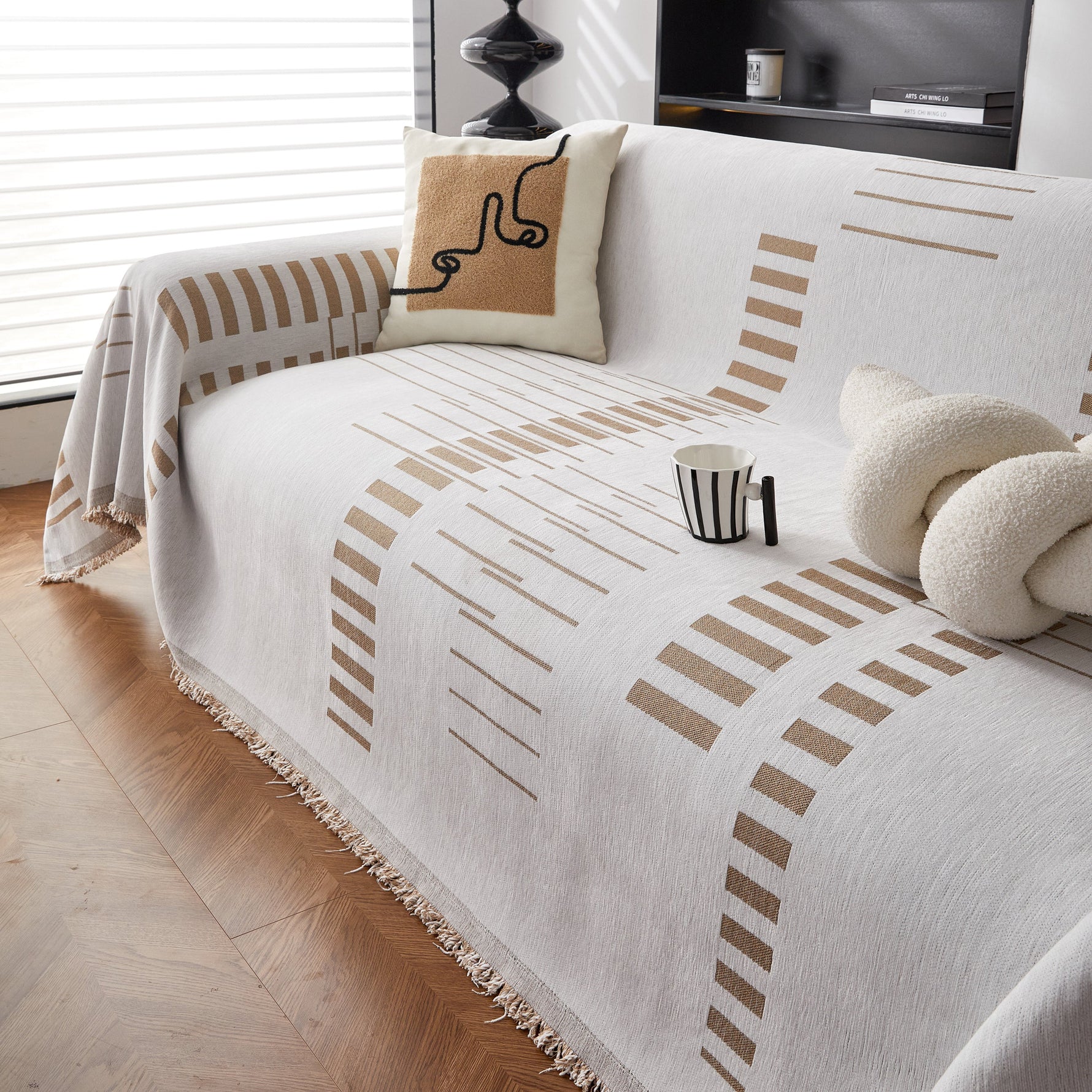 Reversible Chenille Couch Cover Blanket with Tassel Large Boho Futon Cover L Shaped Sectional Cover