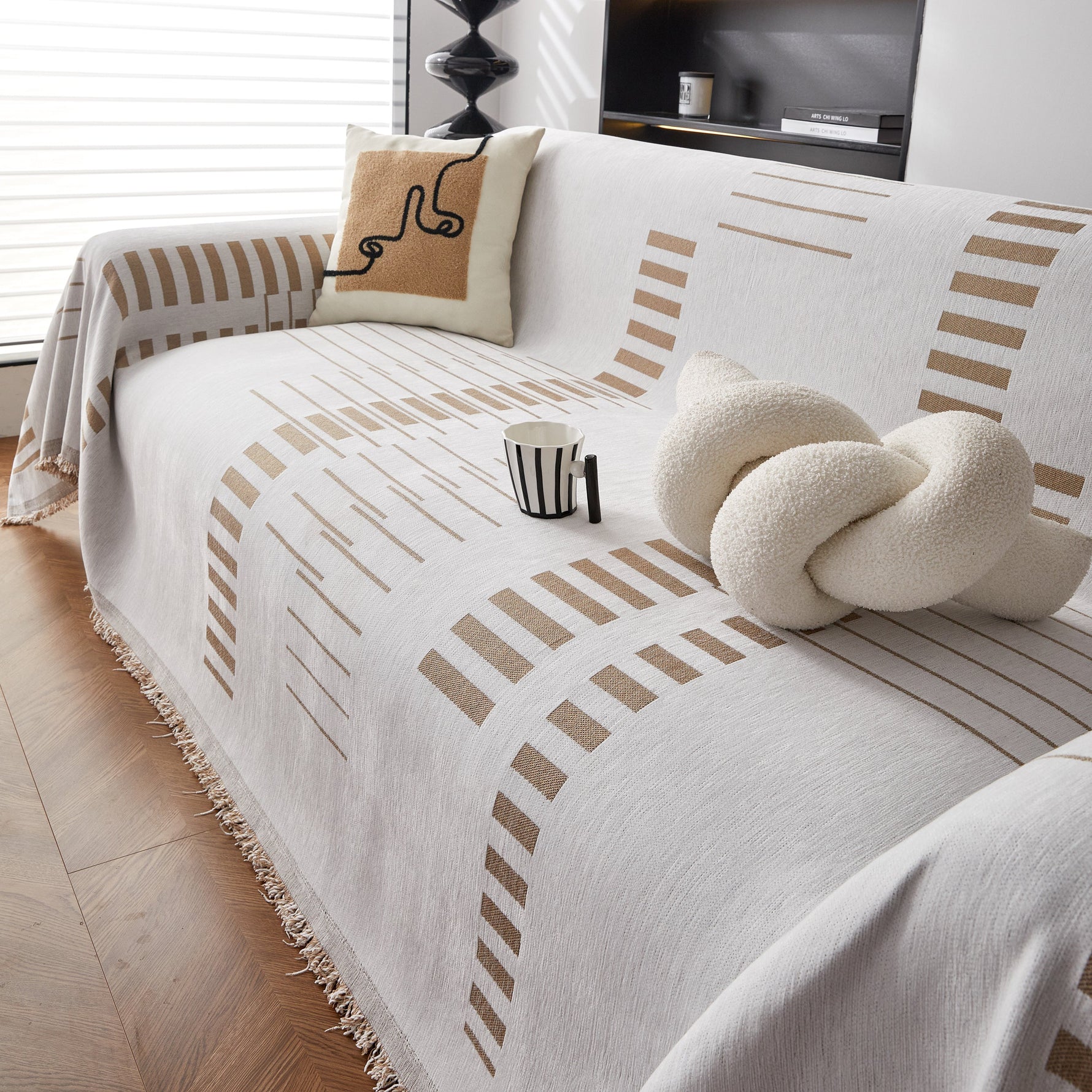 Reversible Chenille Couch Cover Blanket with Tassel Large Boho Futon Cover L Shaped Sectional Cover