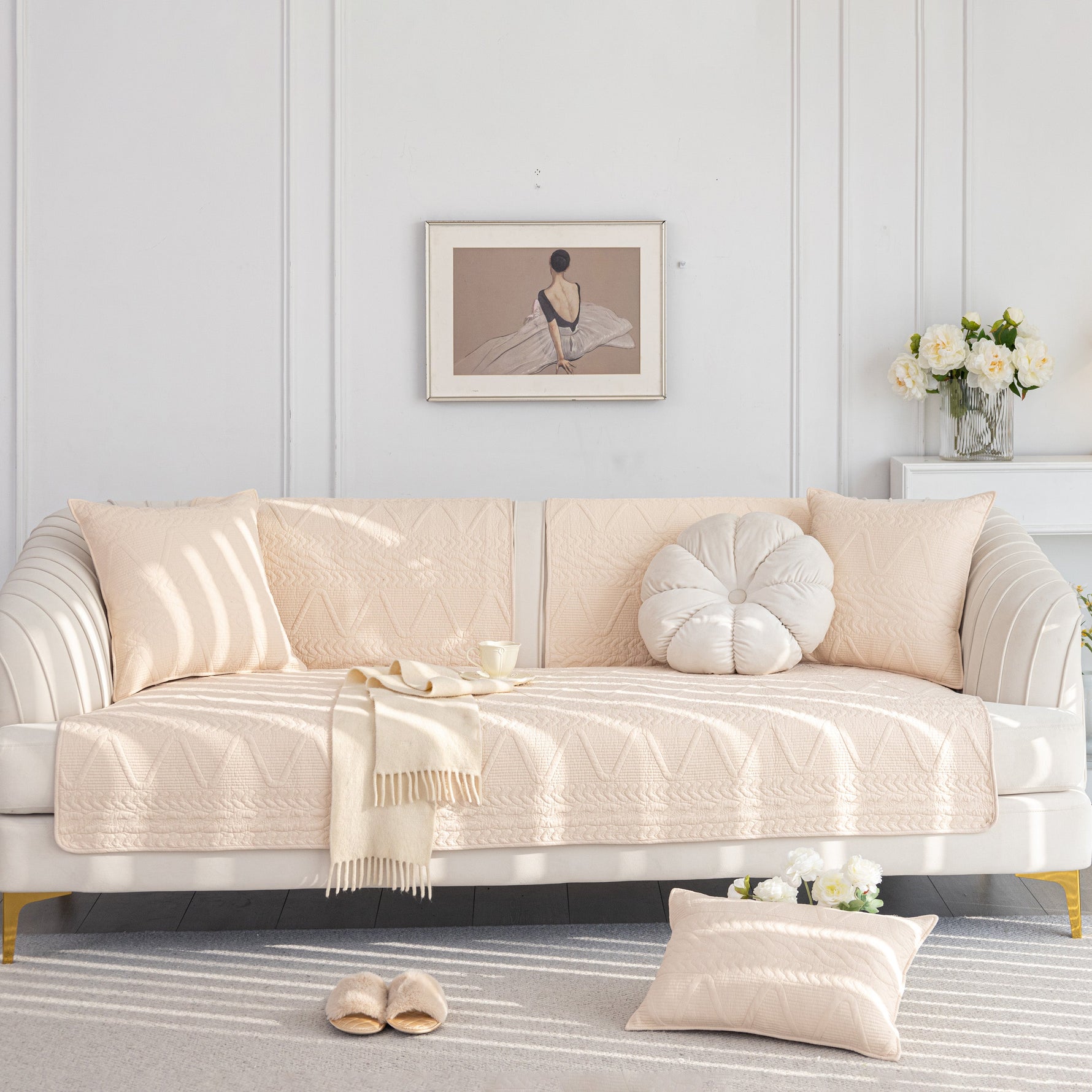 Geometric Textured Cotton Quilted Sofa Cover, Non-Slip Washable Couch Protector