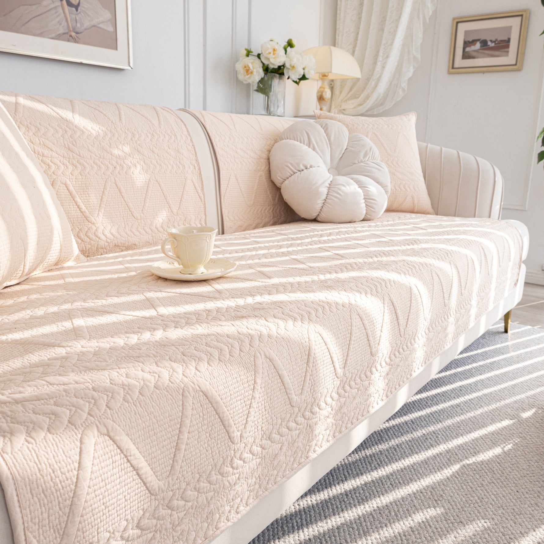 Geometric Textured Cotton Quilted Sofa Cover, Non-Slip Washable Couch Protector