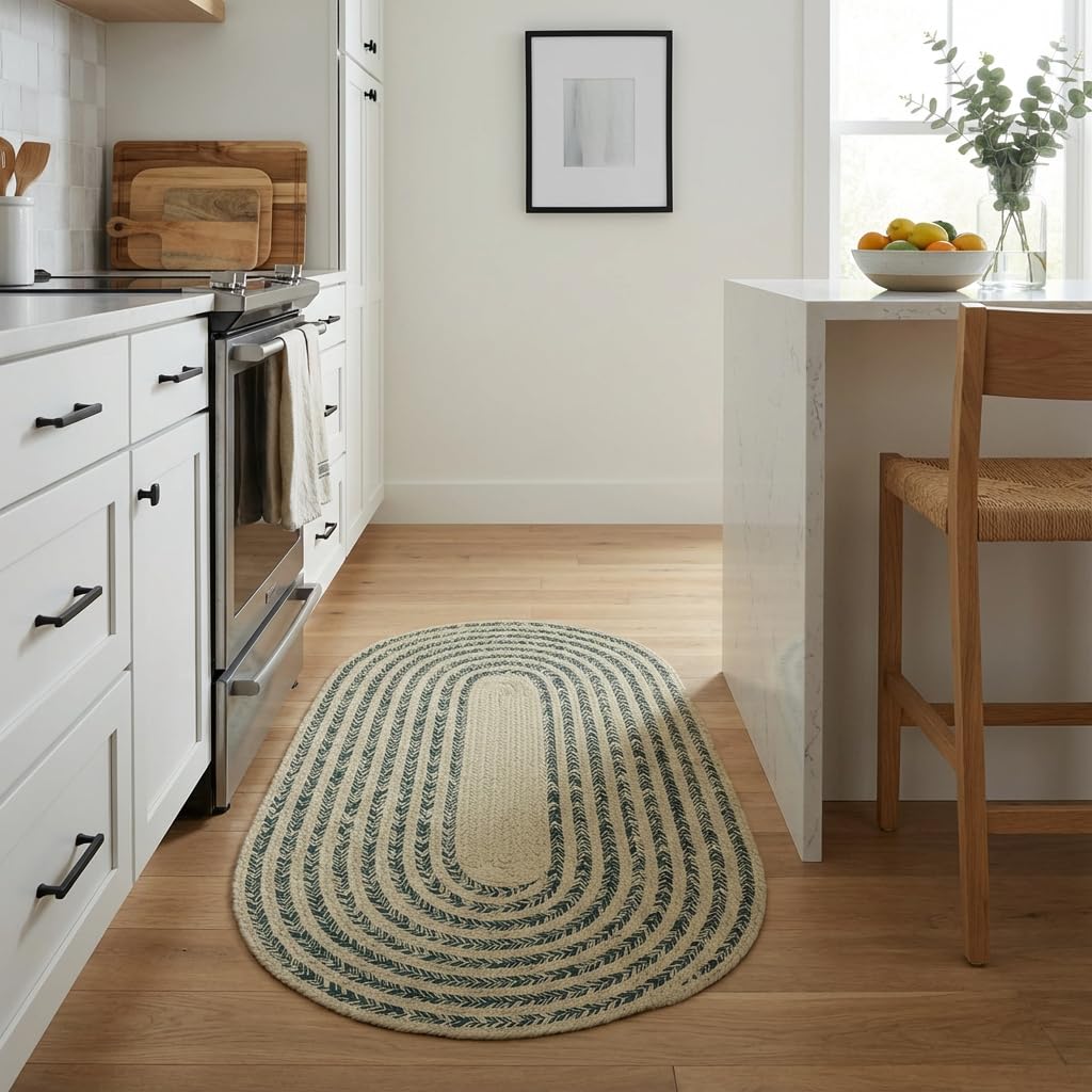 Raleigh Green Cotton Braided Rug 2' X 4' #shape_Oval