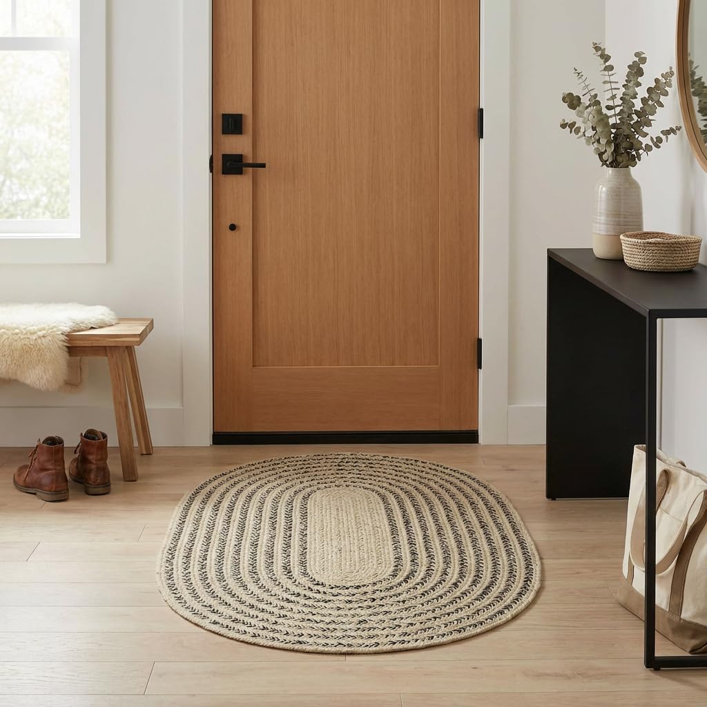 Raleigh Black Cotton Braided Rug 20" X 30" #shape_Oval