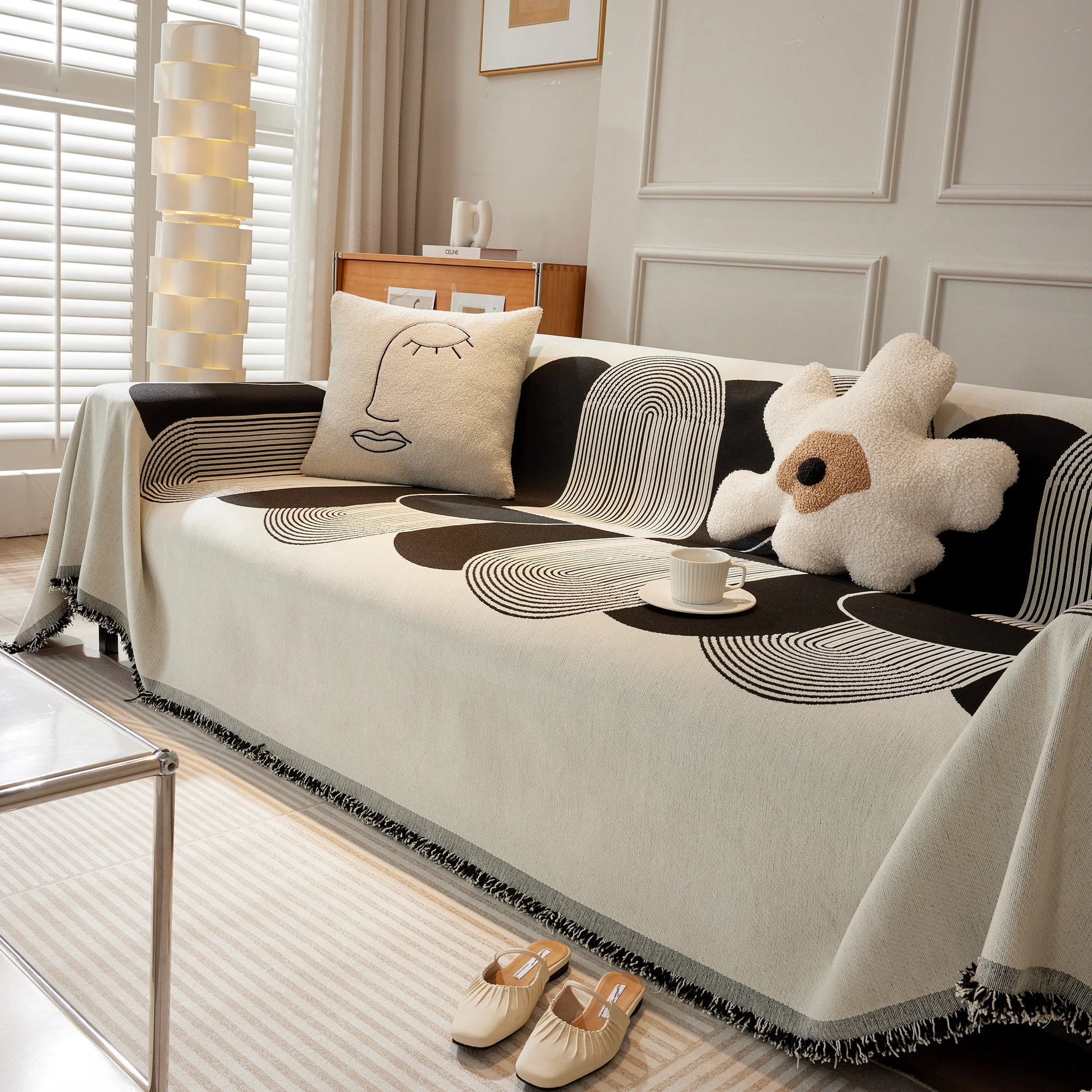 Soft Chenille Tassel Trim Sectional Sofa Protector Couch Covers for Cats Cozy Blanket Sofa Throws