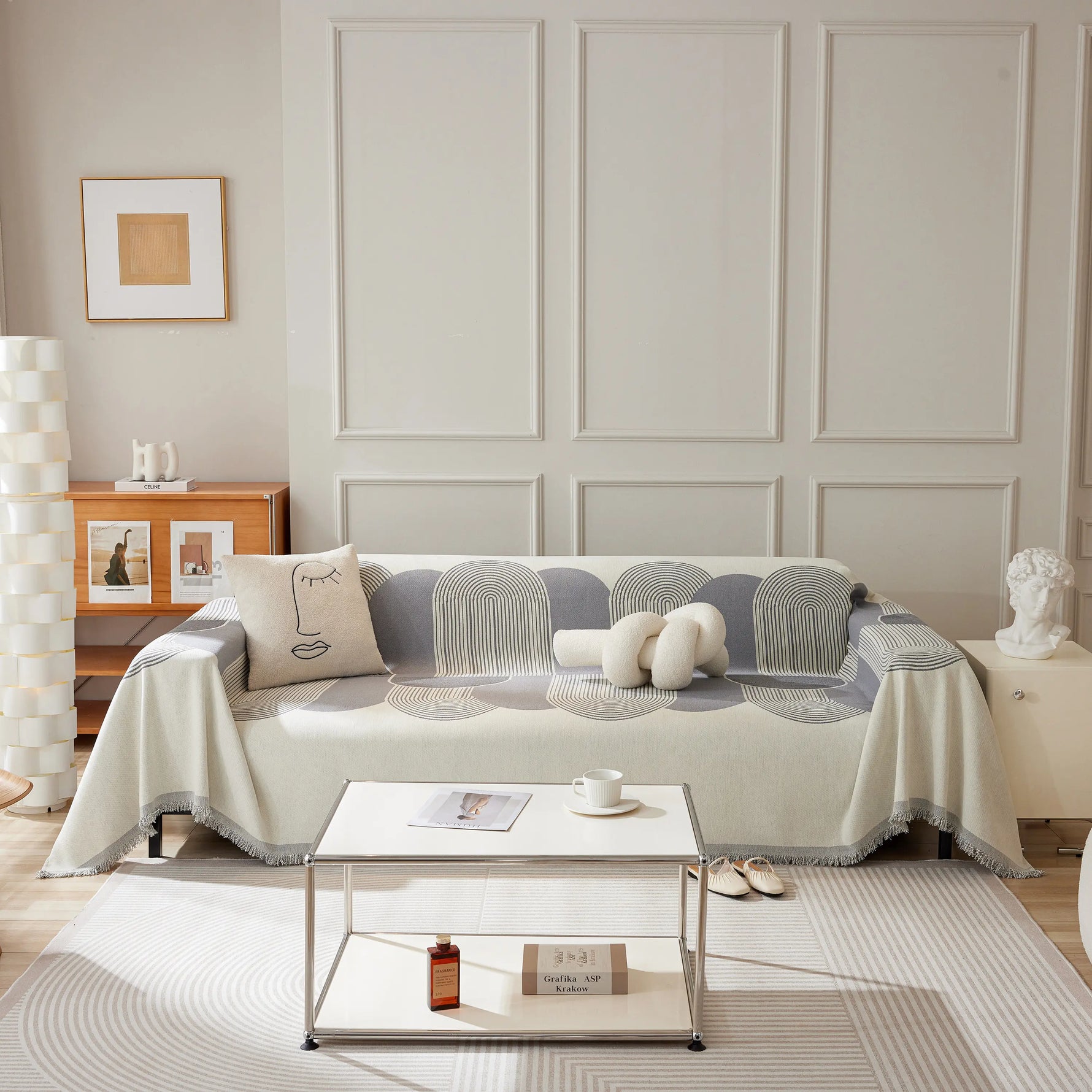 Soft Chenille Tassel Trim Sectional Sofa Protector Couch Covers for Cats Cozy Blanket Sofa Throws