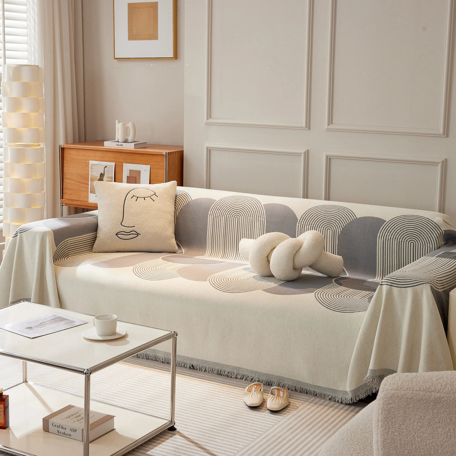 Soft Chenille Tassel Trim Sectional Sofa Protector Couch Covers for Cats Cozy Blanket Sofa Throws