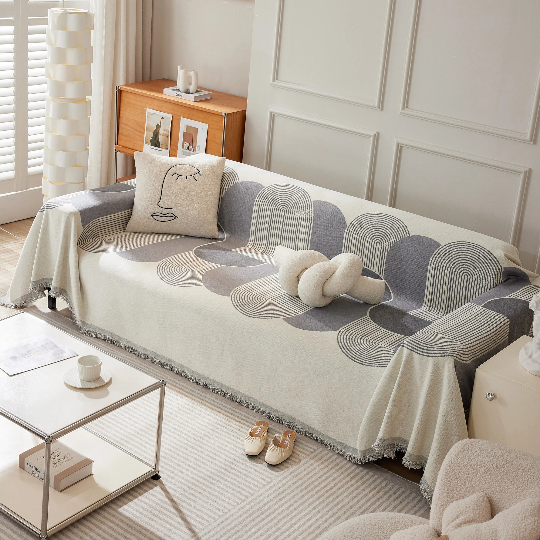 Soft Chenille Tassel Trim Sectional Sofa Protector Couch Covers for Cats Cozy Blanket Sofa Throws