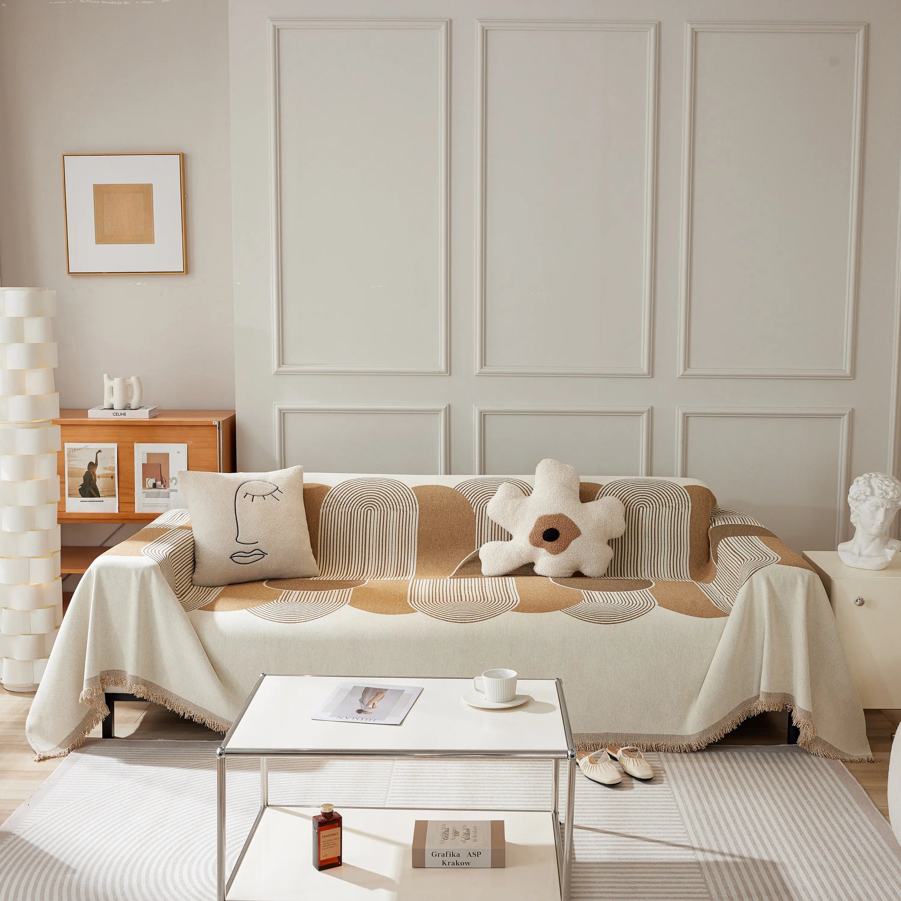 Soft Chenille Tassel Trim Sectional Sofa Protector Couch Covers for Cats Cozy Blanket Sofa Throws