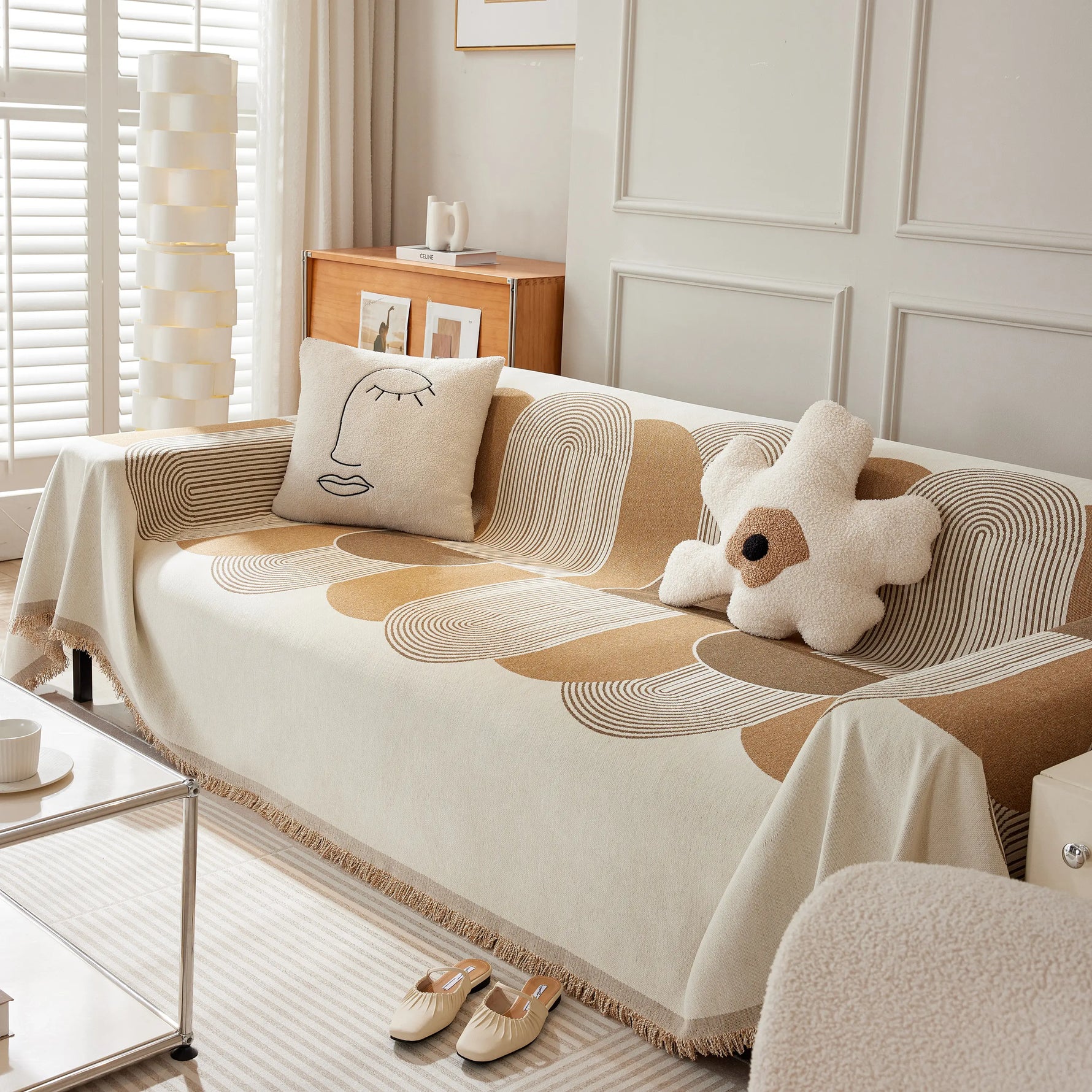 Soft Chenille Tassel Trim Sectional Sofa Protector Couch Covers for Cats Cozy Blanket Sofa Throws