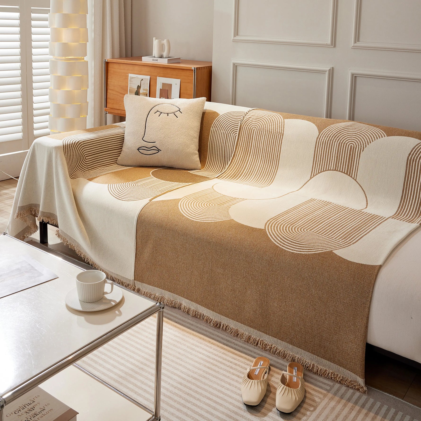 Soft Chenille Tassel Trim Sectional Sofa Protector Couch Covers for Cats Cozy Blanket Sofa Throws