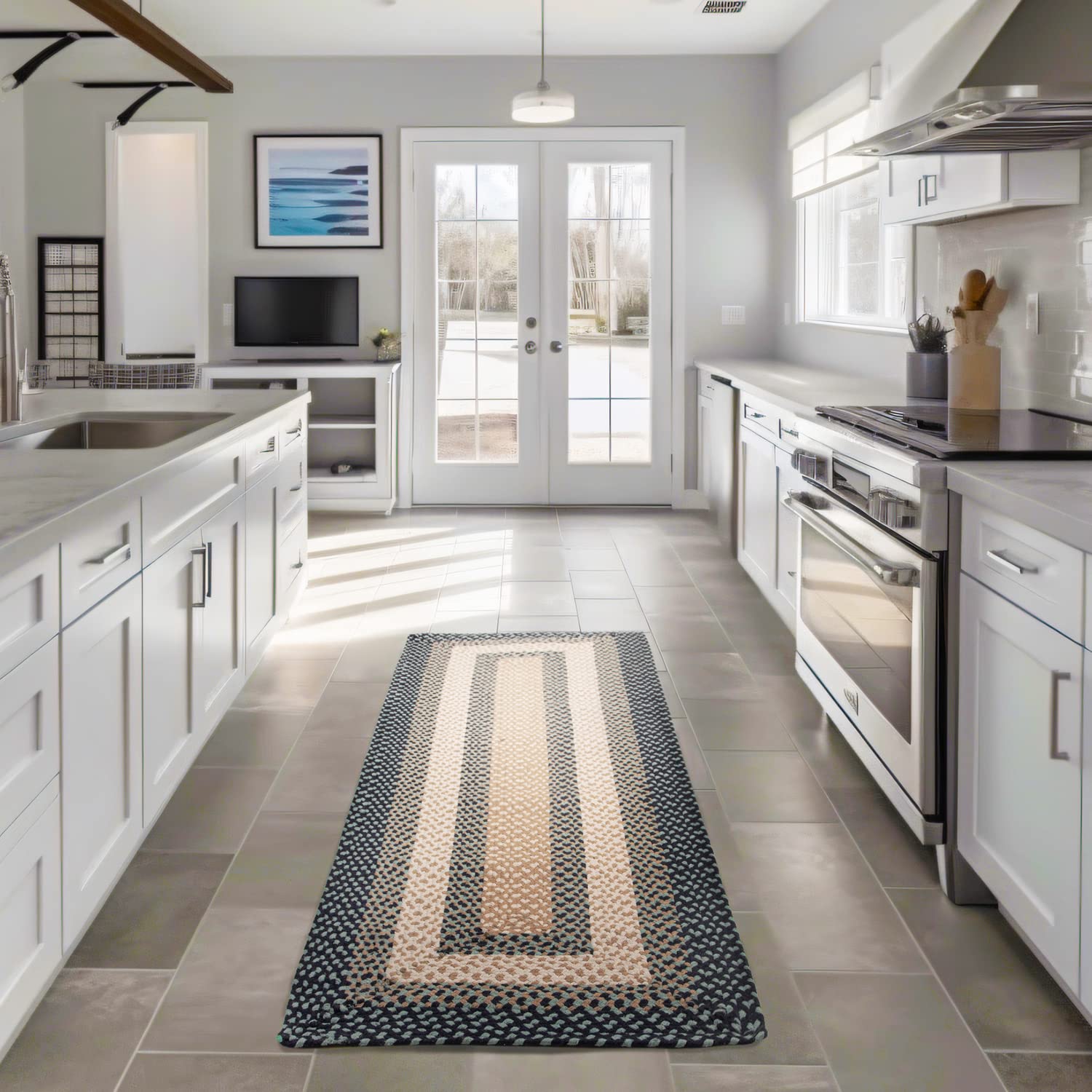 Blue, Cream Braided Rug - Soft Cotton Bordered Area Rug for Rustic Farmhouses