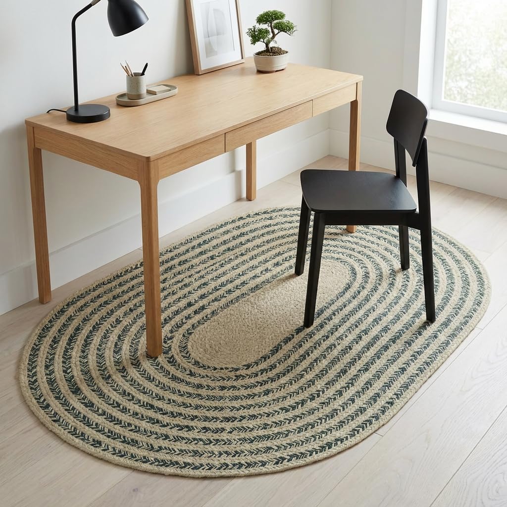Raleigh Green Cotton Braided Rug 4' x 6' #shape_Oval