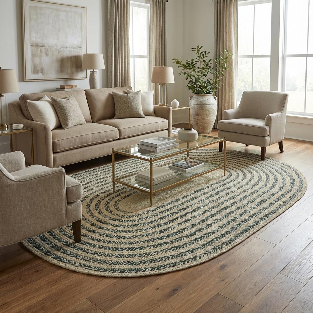 Raleigh Green Cotton Braided Rug 6' x 9' #shape_Oval