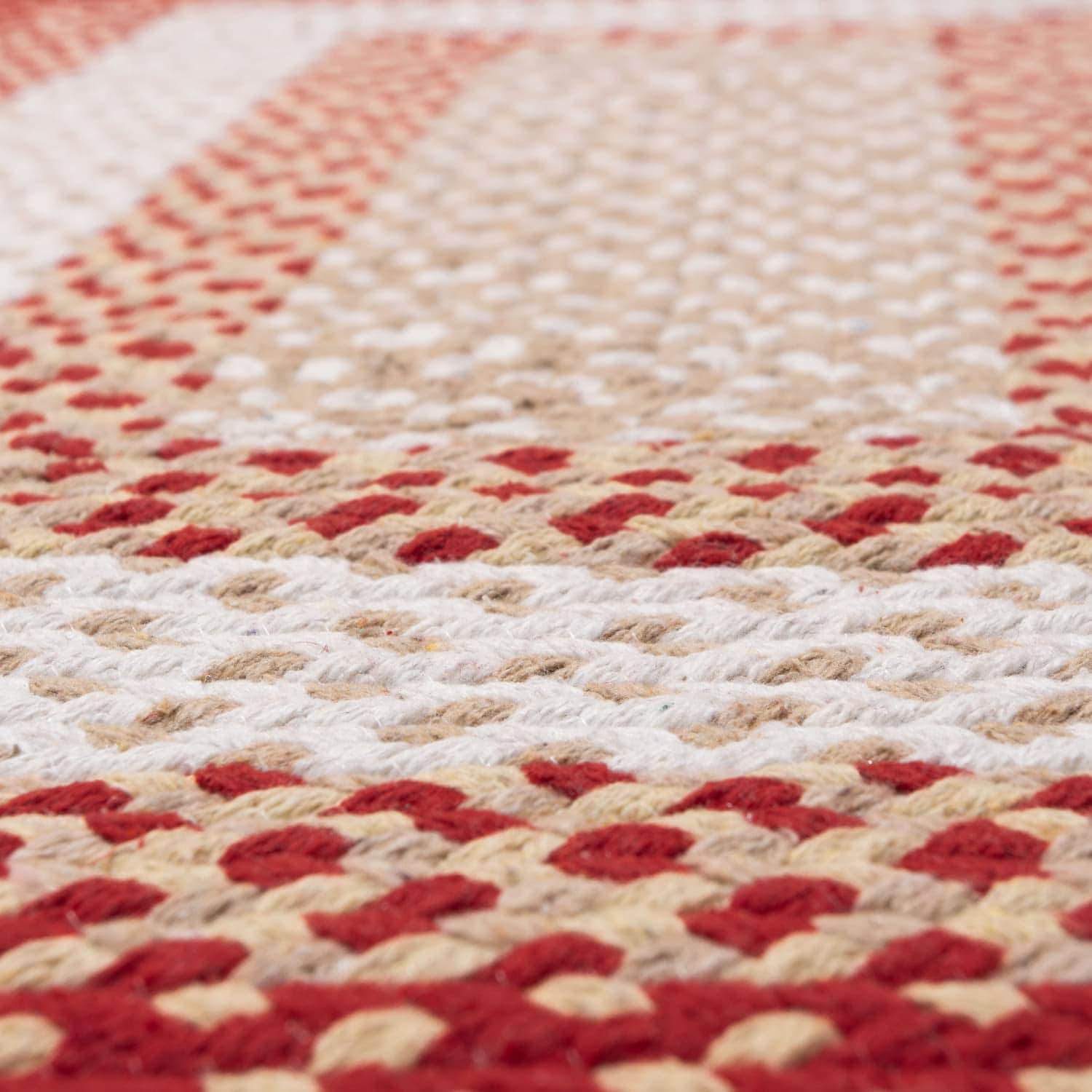 Red, Cream Braided Rug - Soft Cotton Bordered Area Rug for Rustic Farmhouses