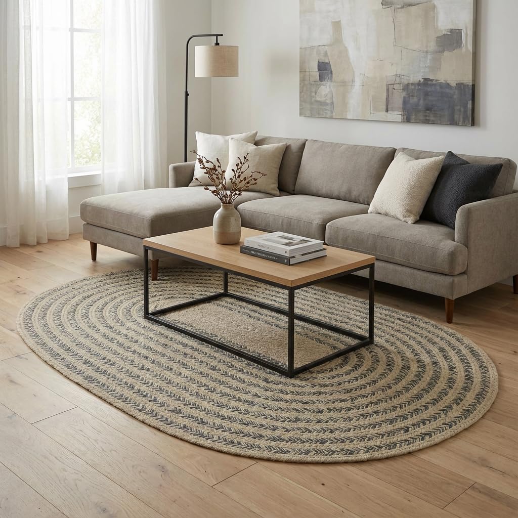 Raleigh Charcoal Cotton Braided Rug 5' x 7' #shape_Oval
