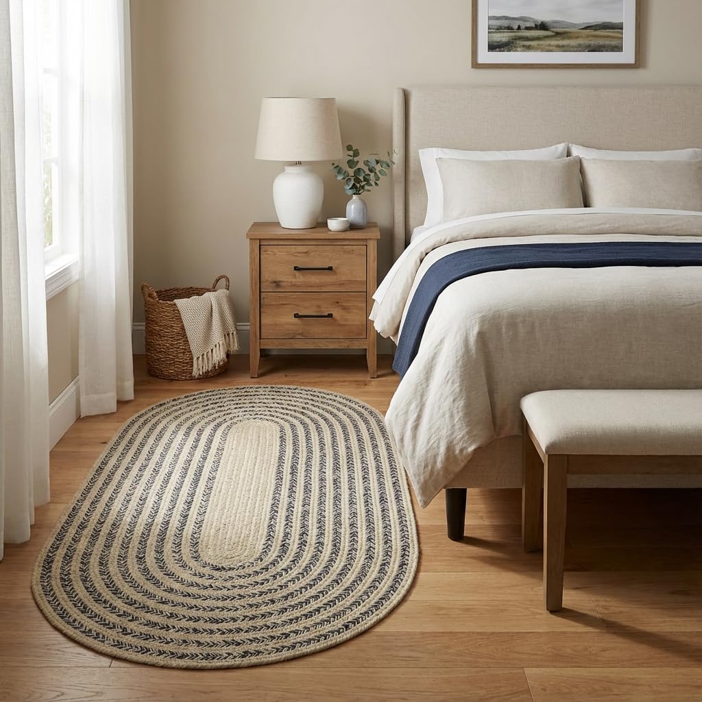 Raleigh Navy Cotton Braided Rug 3' X 5' #shape_Oval