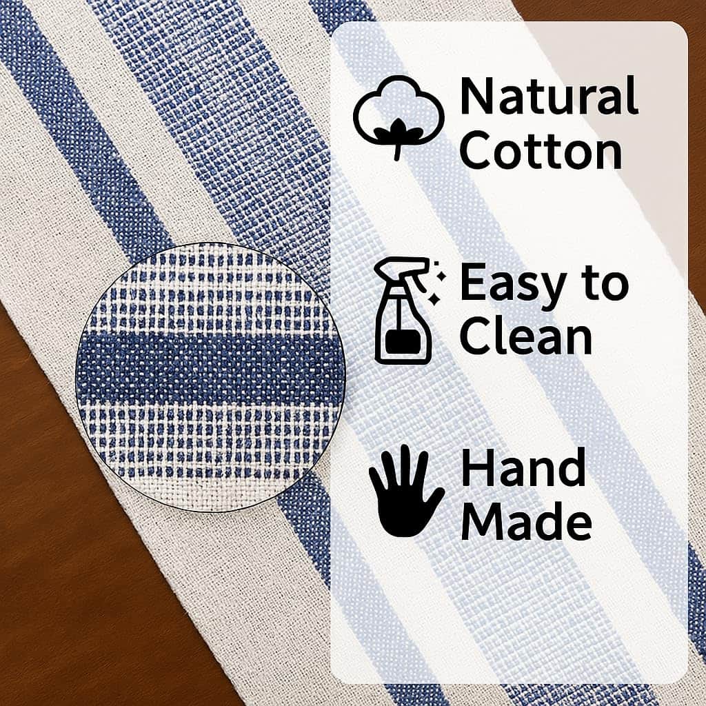 Ivory, Blue Table Runner Cotton Farmhouse Inspired