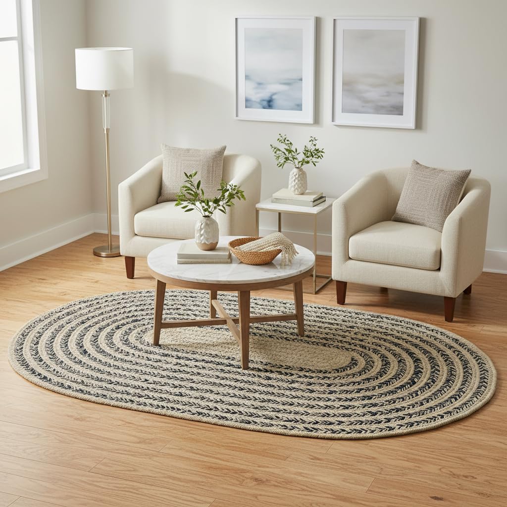 Raleigh Navy Cotton Braided Rug 5' x 7' #shape_Oval