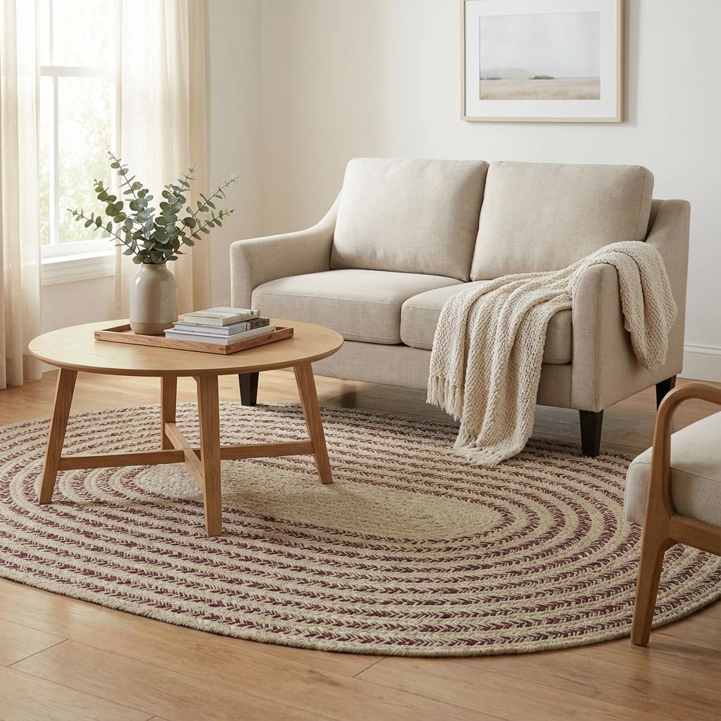 Raleigh Burgundy Cotton Braided Rug 4' x 6' #shape_Oval