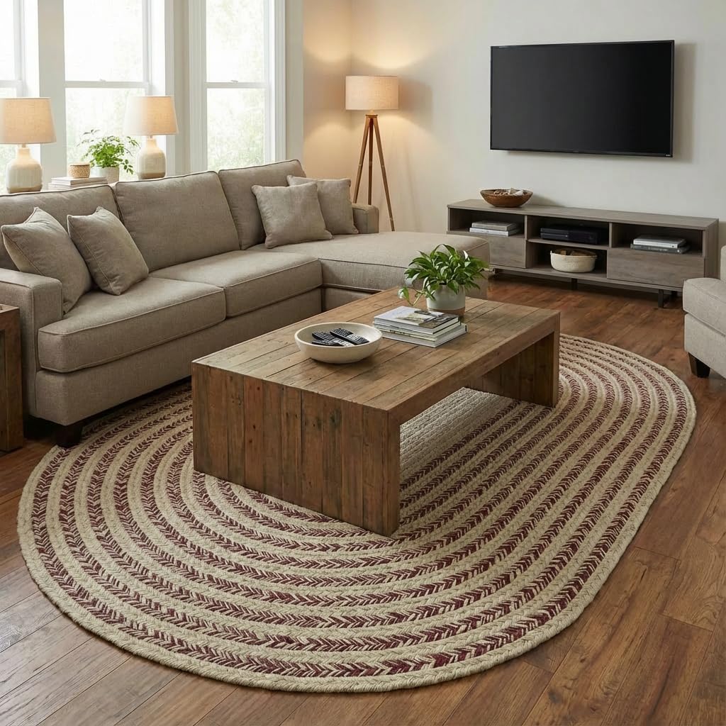 Raleigh Burgundy Cotton Braided Rug 6' x 9' #shape_Oval