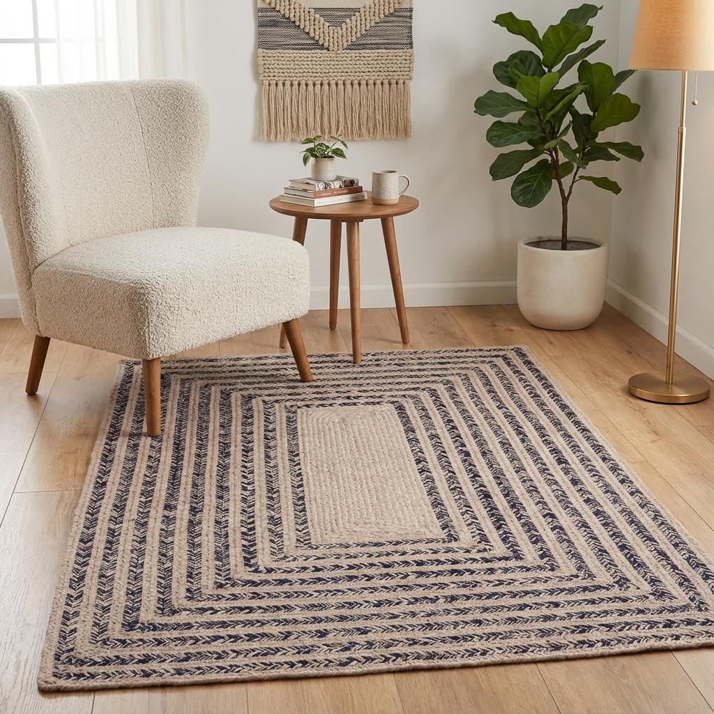 Raleigh Navy Cotton Braided Rug 4' x 6' #shape_Rectangle