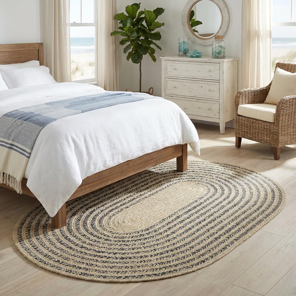 Raleigh Navy Cotton Braided Rug 5' x 7' #shape_Oval