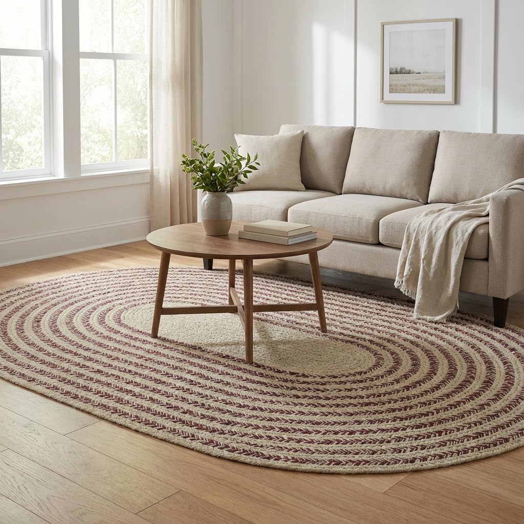 Raleigh Burgundy Cotton Braided Rug 5' x 7' #shape_Oval