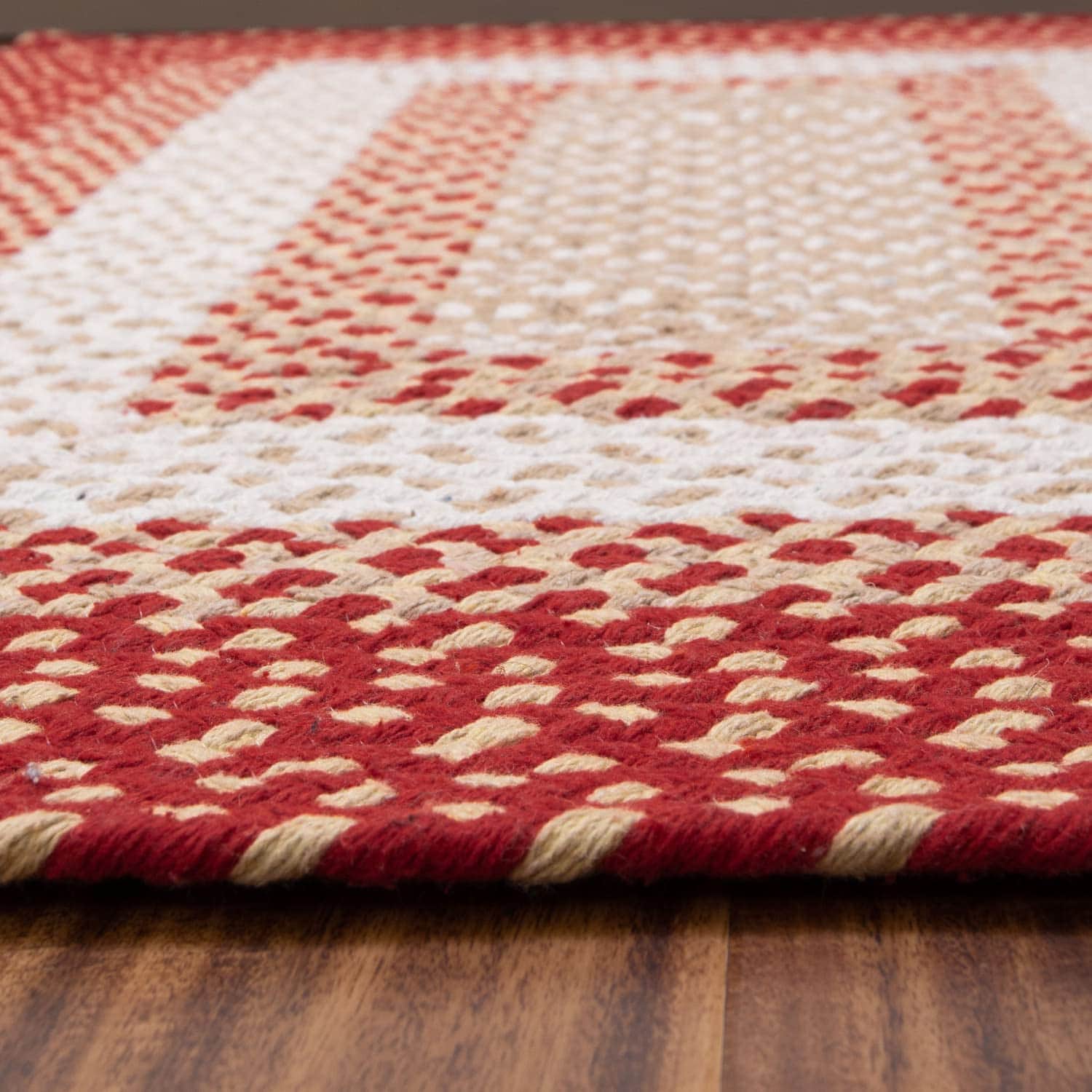 Red, Cream Braided Rug - Soft Cotton Bordered Area Rug for Rustic Farmhouses
