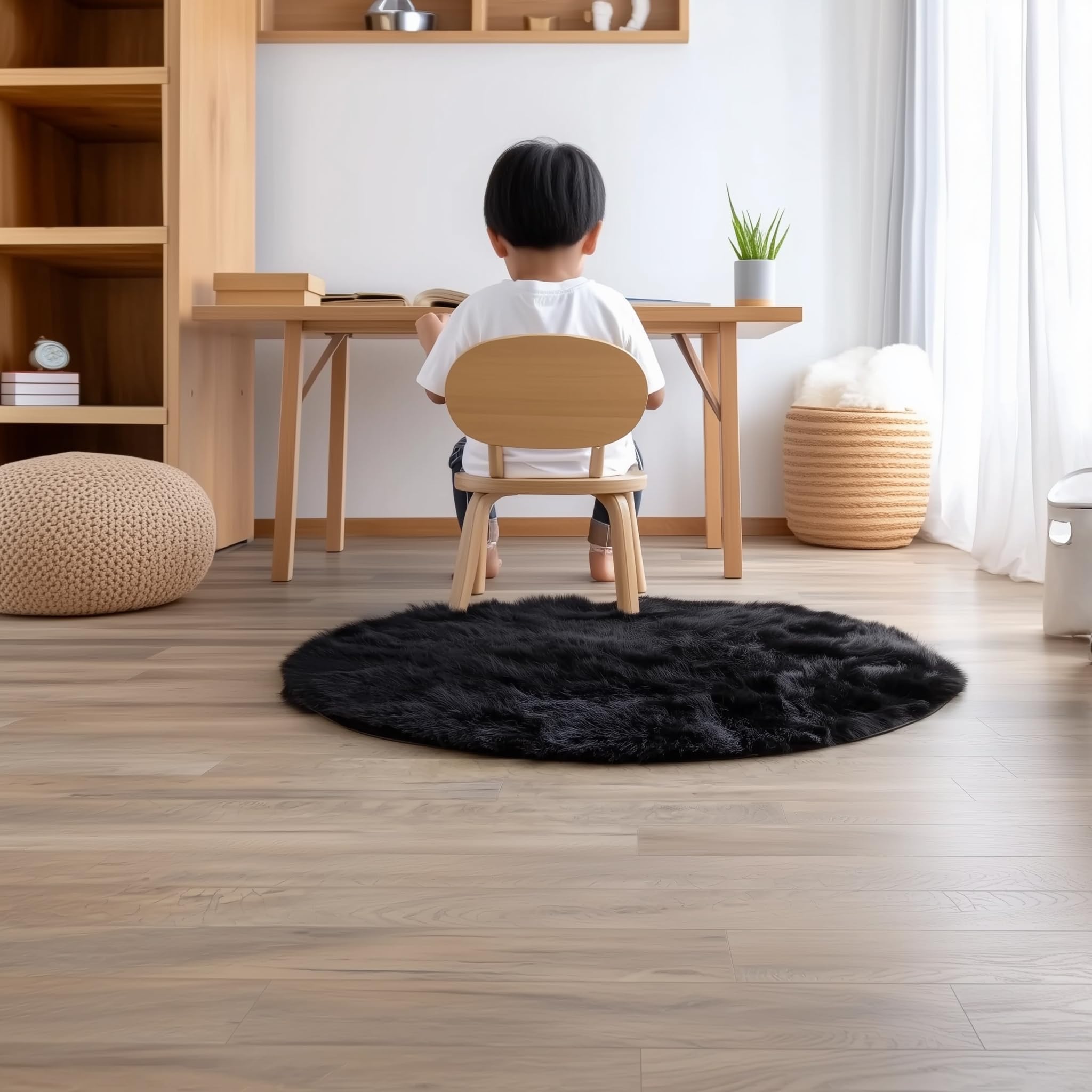 Black Serene Faux Fur Solid Fake Sheepskin Rug