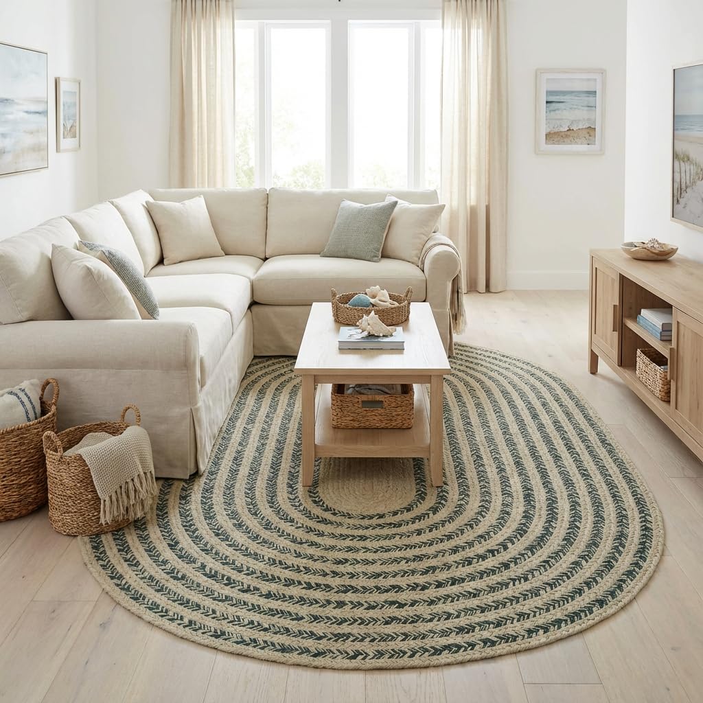 Raleigh Green Cotton Braided Rug 6' x 9' #shape_Oval