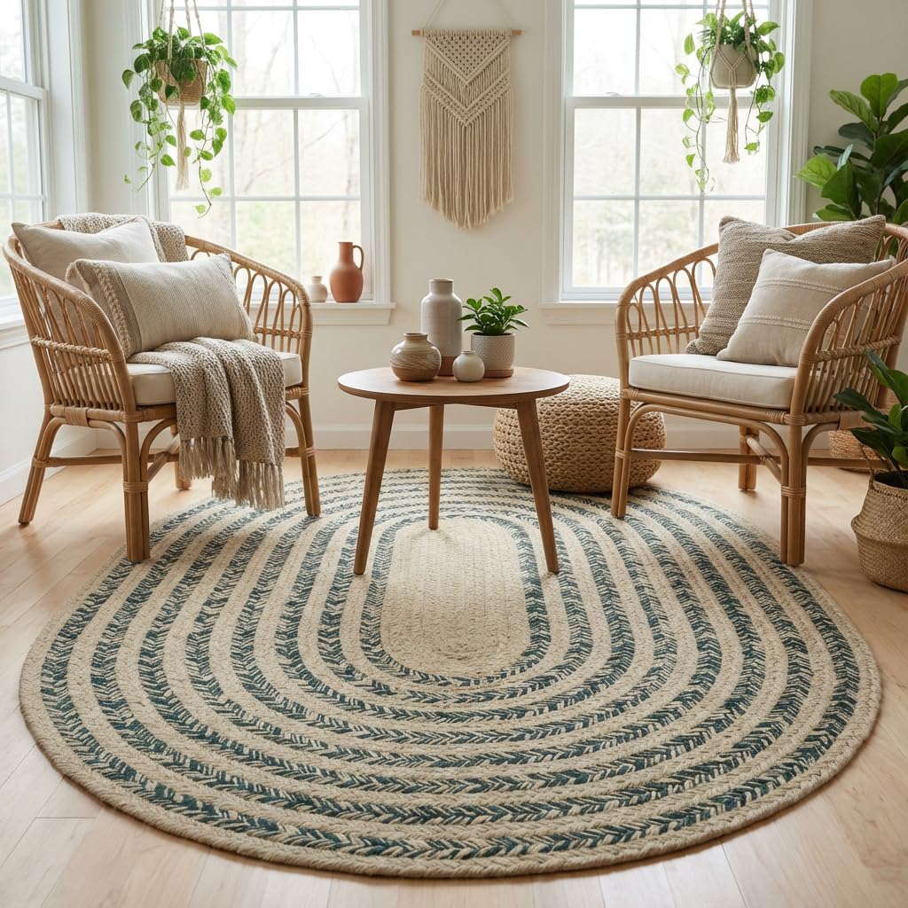 Raleigh Green Cotton Braided Rug 5' x 7' #shape_Oval