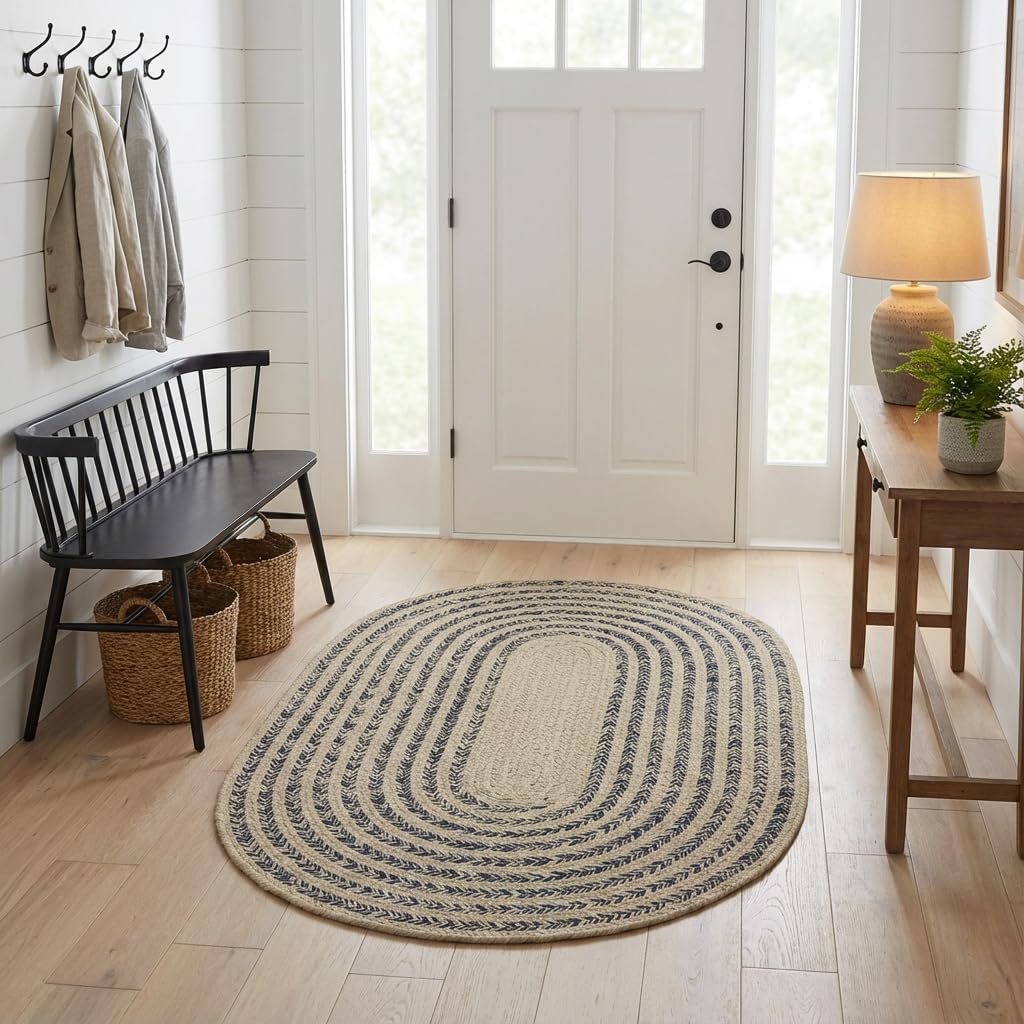 Raleigh Navy Cotton Braided Rug 20" X 30" #shape_Oval