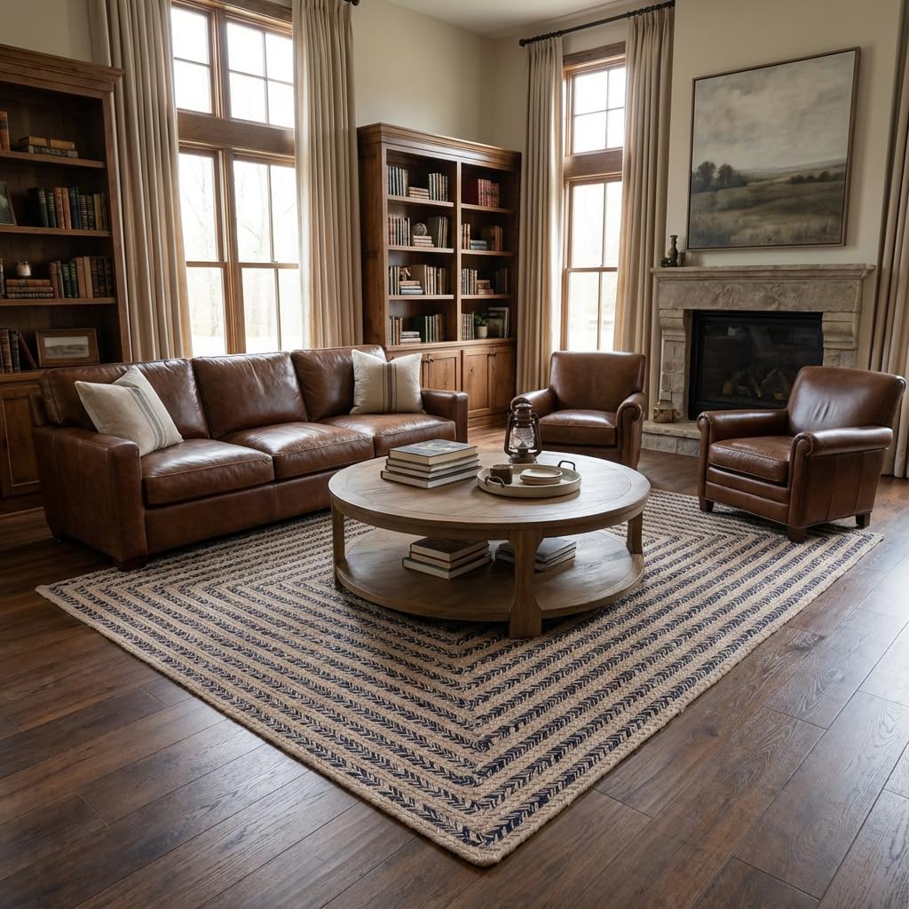 Raleigh Navy Cotton Braided Rug 6' x 9' #shape_Rectangle