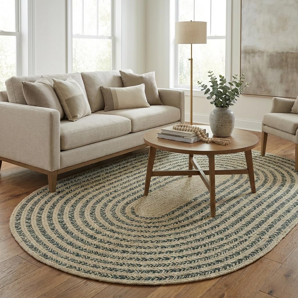 Raleigh Green Cotton Braided Rug 5' x 7' #shape_Oval
