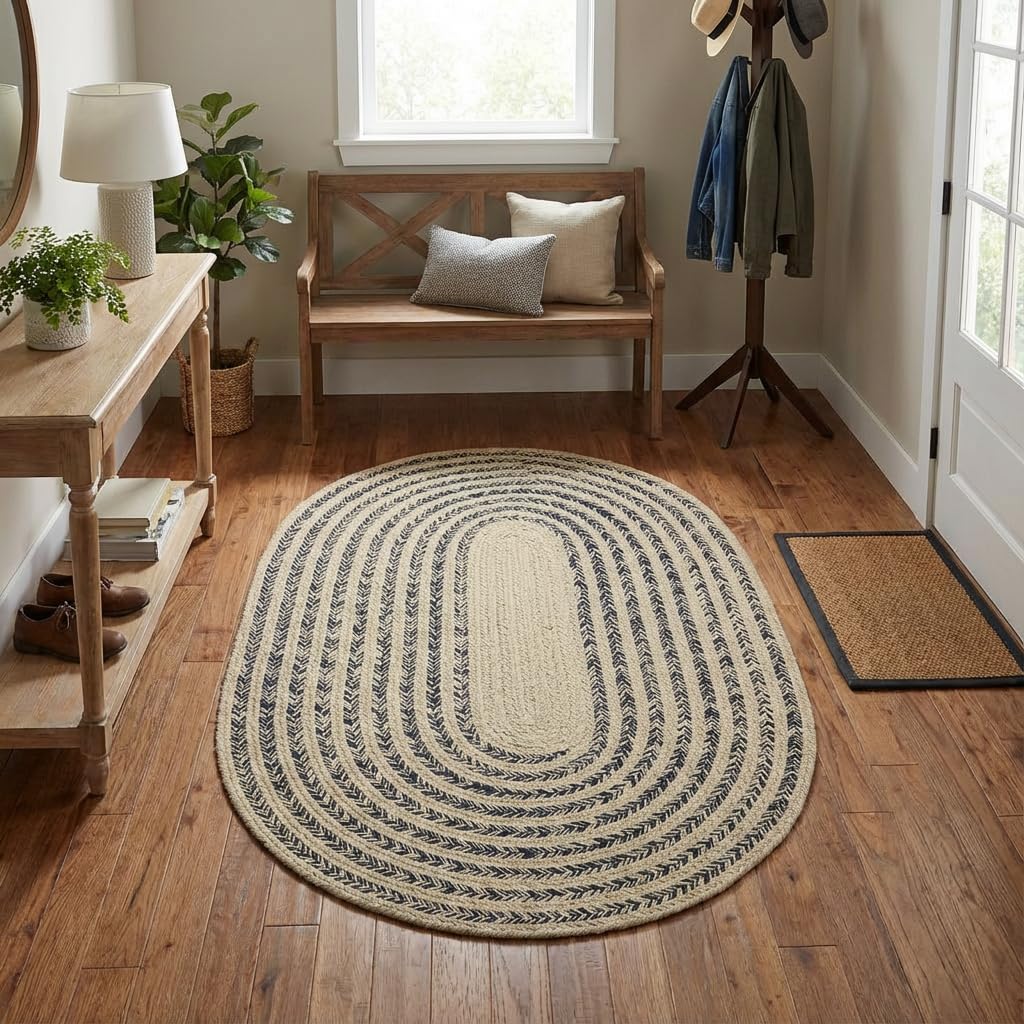 Raleigh Navy Cotton Braided Rug 3' X 5' #shape_Oval