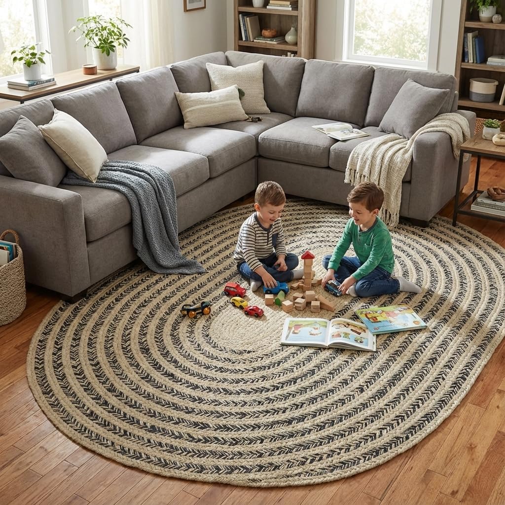 Raleigh Navy Cotton Braided Rug 6' x 9' #shape_Oval