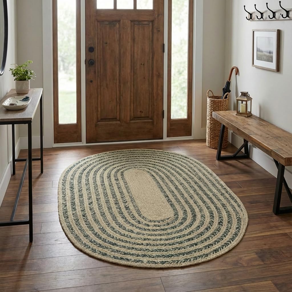 Raleigh Green Cotton Braided Rug 20" X 30" #shape_Oval