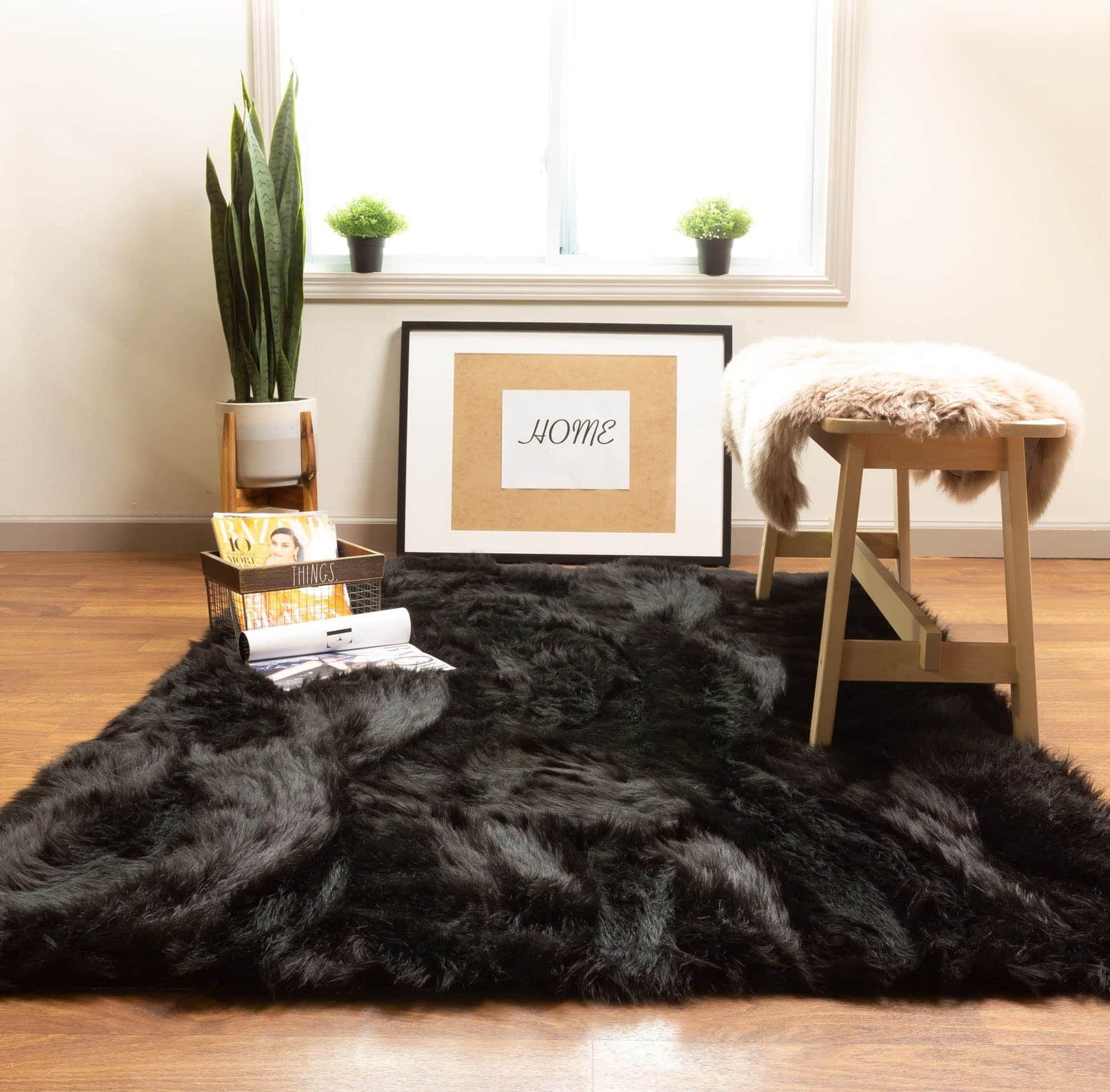 Black Serene Faux Fur Solid Fake Sheepskin Rug