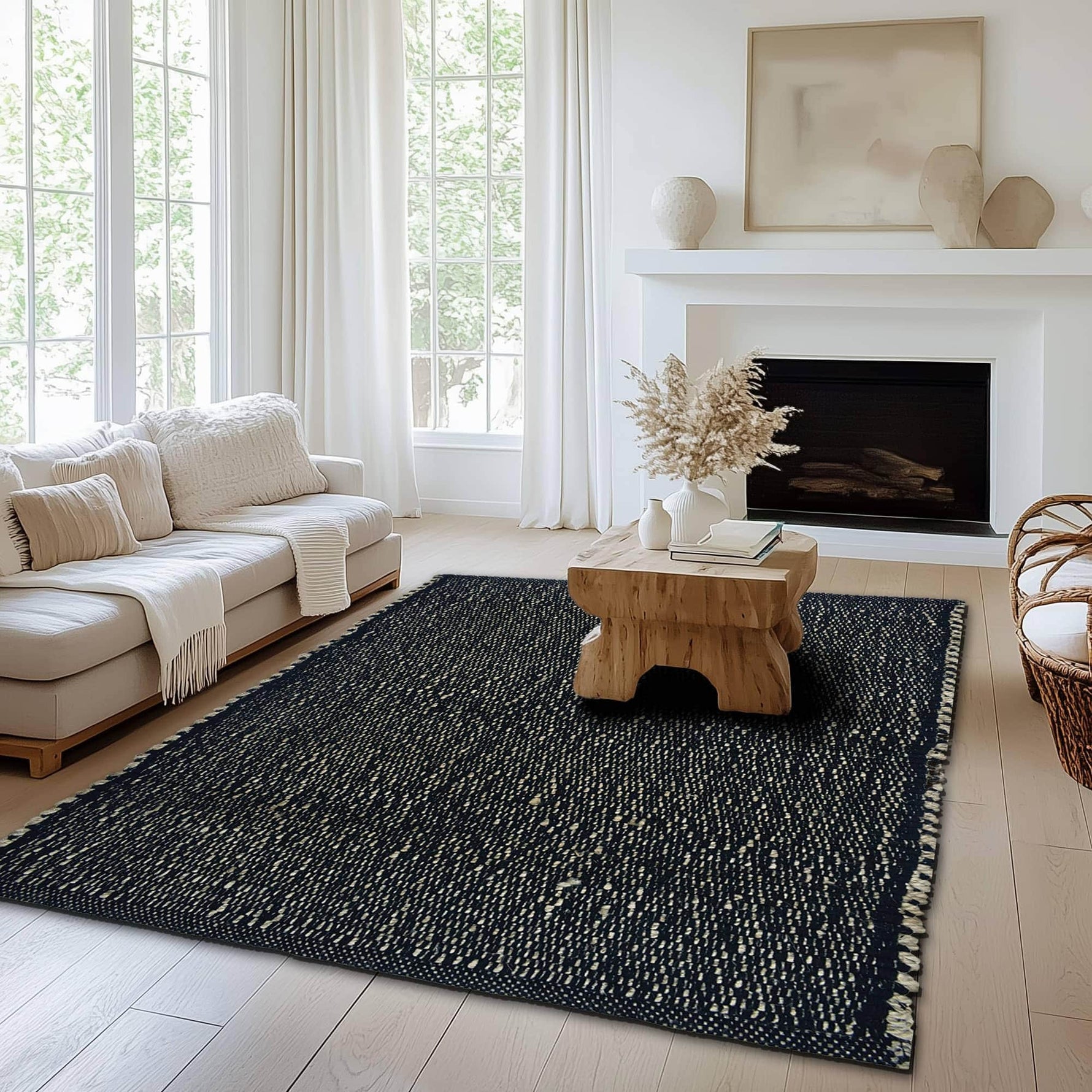 Black Jute & Cotton Woven Rug - Simple Farmhouse Reversible Rug