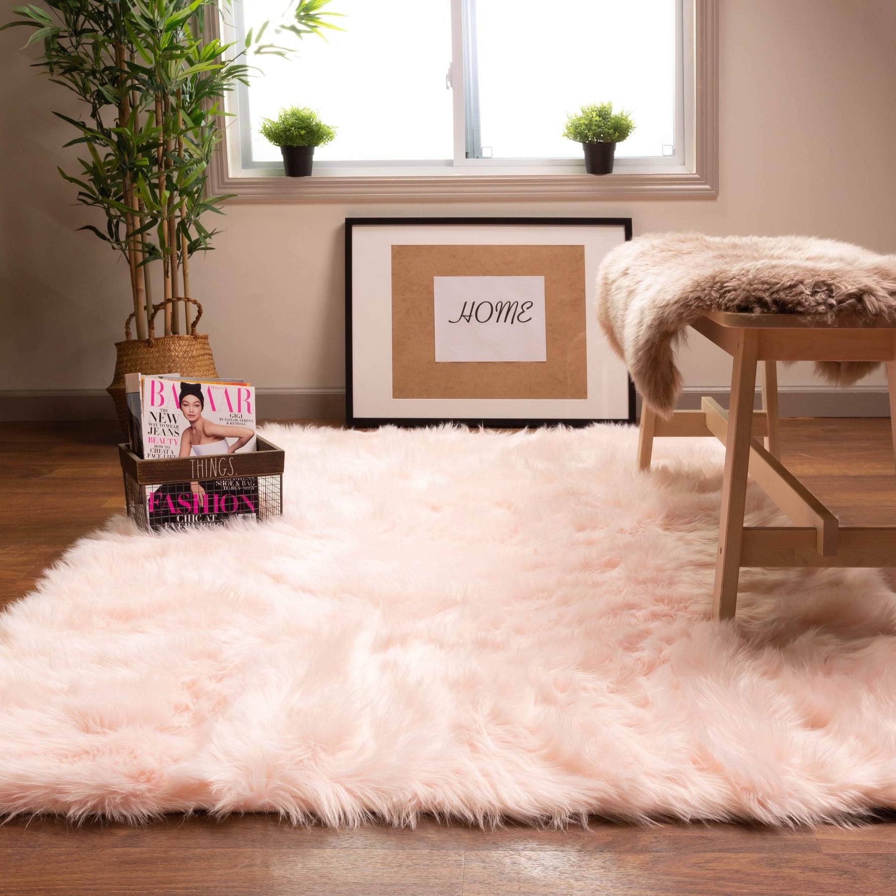 Light Pink Serene Faux Fur Solid Fake Sheepskin Rug